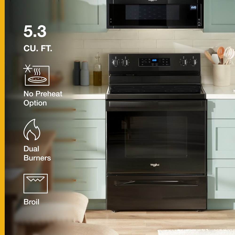 Estufa eléctrica independiente con 5 quemadores de vidrio de 30 pulgadas y 5.3 pies cúbicos de capacidad (negro) WFES3330RB de Whirlpool