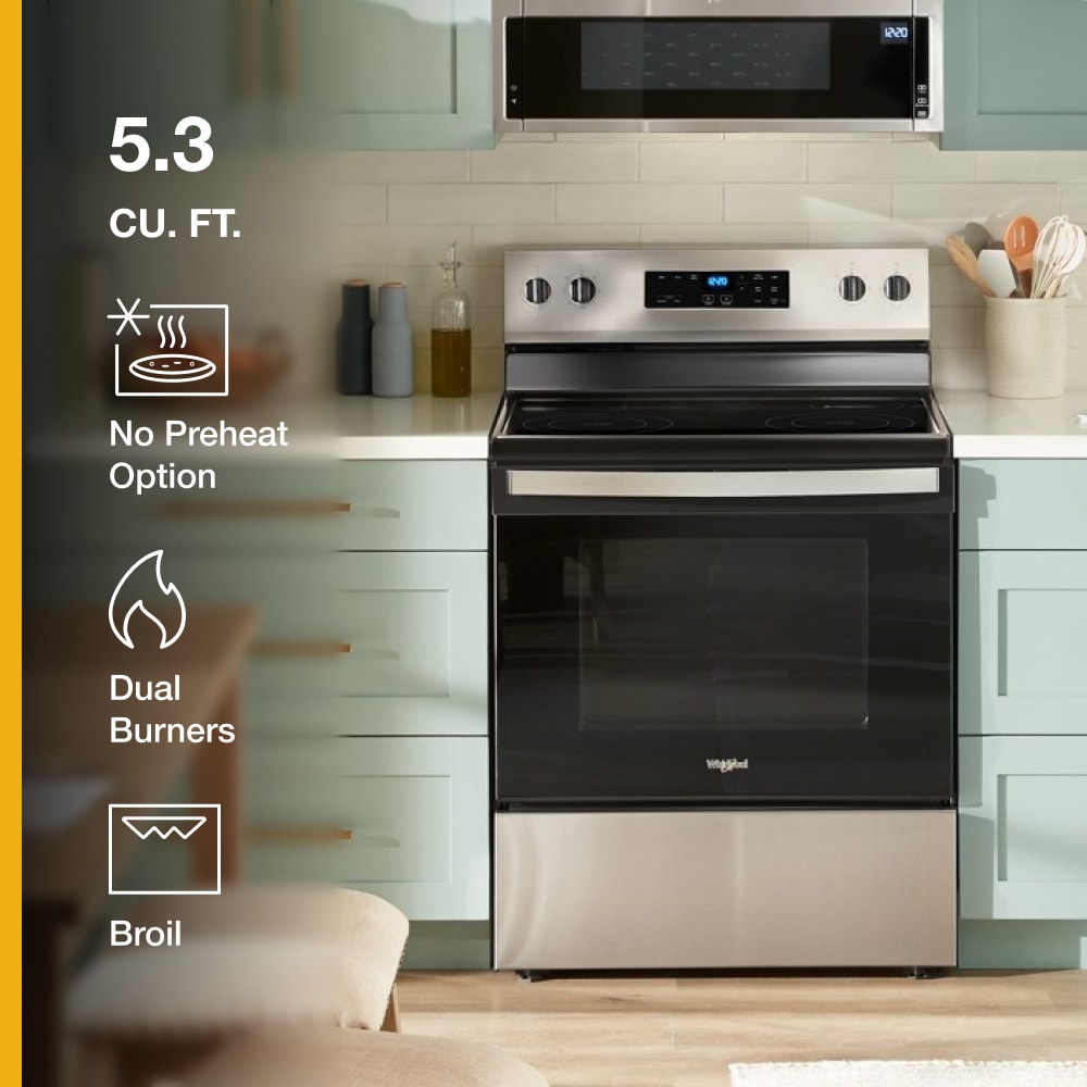 Estufa eléctrica independiente Whirlpool de 30 pulgadas con tapa de vidrio, 5 quemadores y capacidad de 5.3 pies cúbicos (acero inoxidable resistente a huellas dactilares) WFES3330RZ