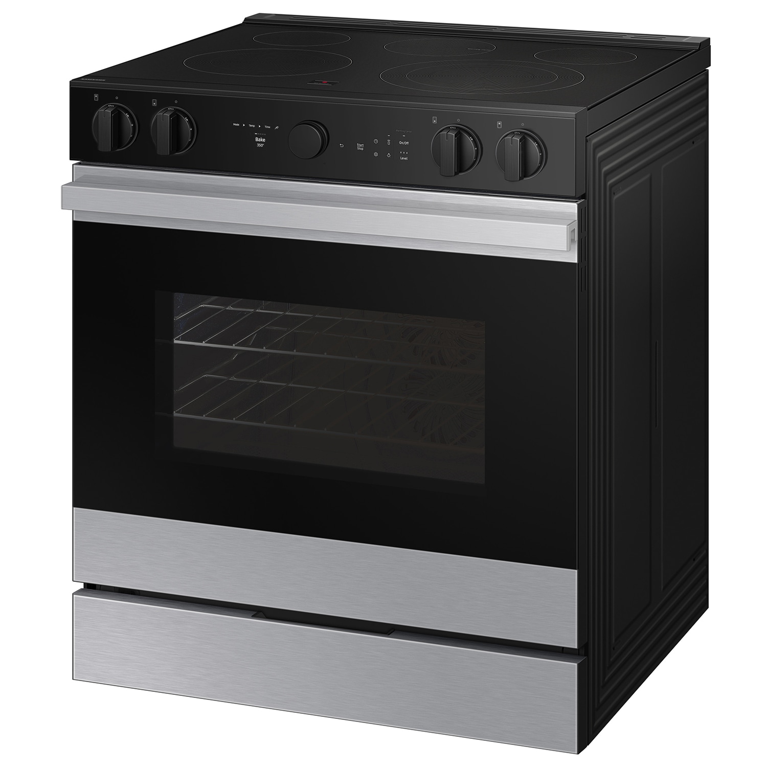 Estufa eléctrica deslizable Samsung Bespoke con 5 quemadores, horno de convección con freidora de aire de 6.3 pies cúbicos y cubierta de vidrio de 30 pulgadas (acero inoxidable) NSE6DG8500SR