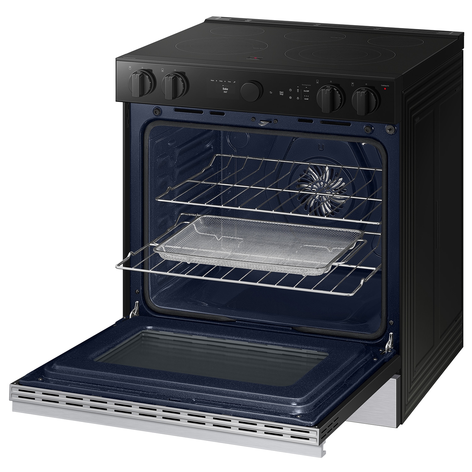 Estufa eléctrica deslizable Samsung Bespoke con 5 quemadores, horno de convección con freidora de aire de 6.3 pies cúbicos y cubierta de vidrio de 30 pulgadas (acero inoxidable) NSE6DG8500SR