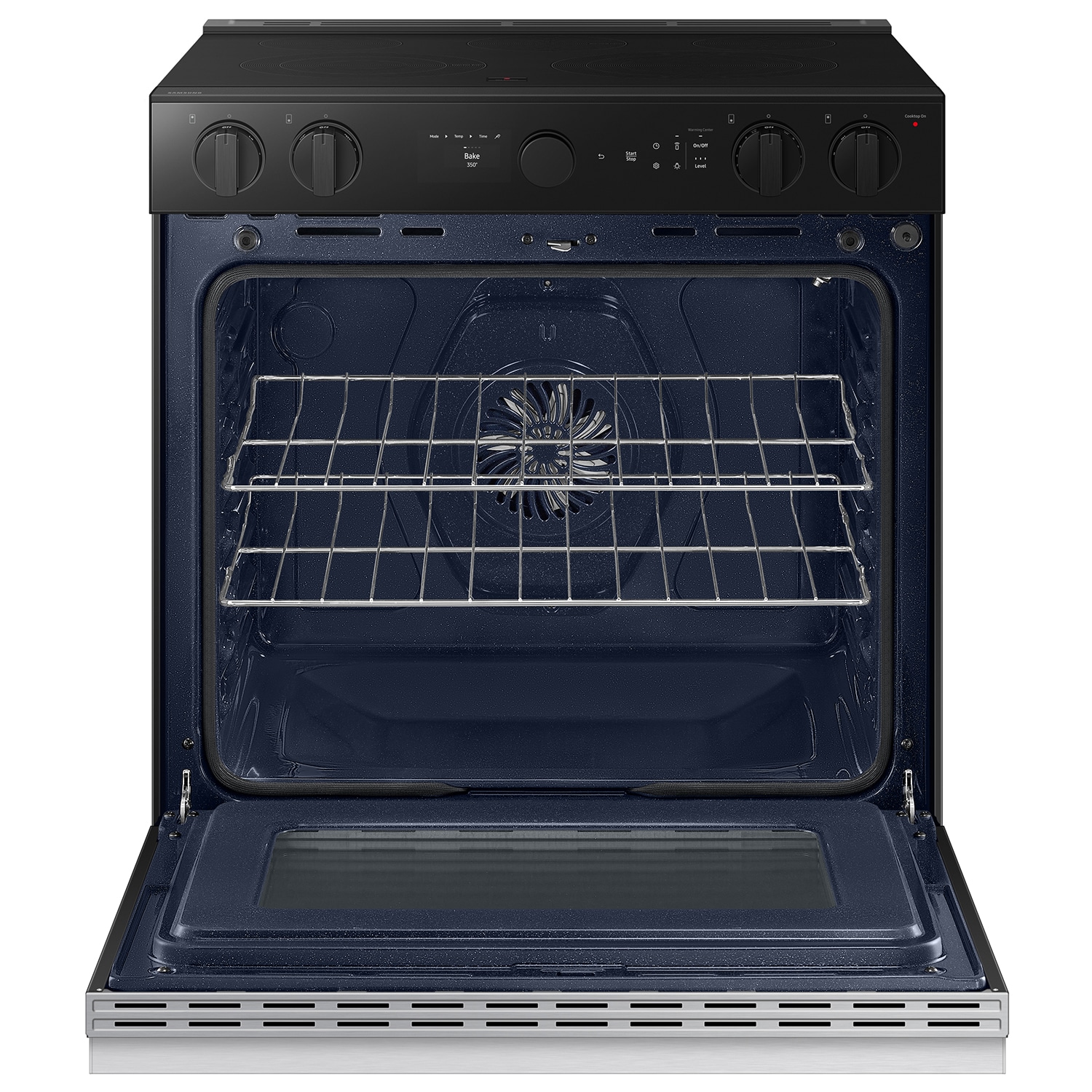 Estufa eléctrica deslizable Samsung Bespoke con 5 quemadores, horno de convección con freidora de aire de 6.3 pies cúbicos y cubierta de vidrio de 30 pulgadas (acero inoxidable) NSE6DG8500SR