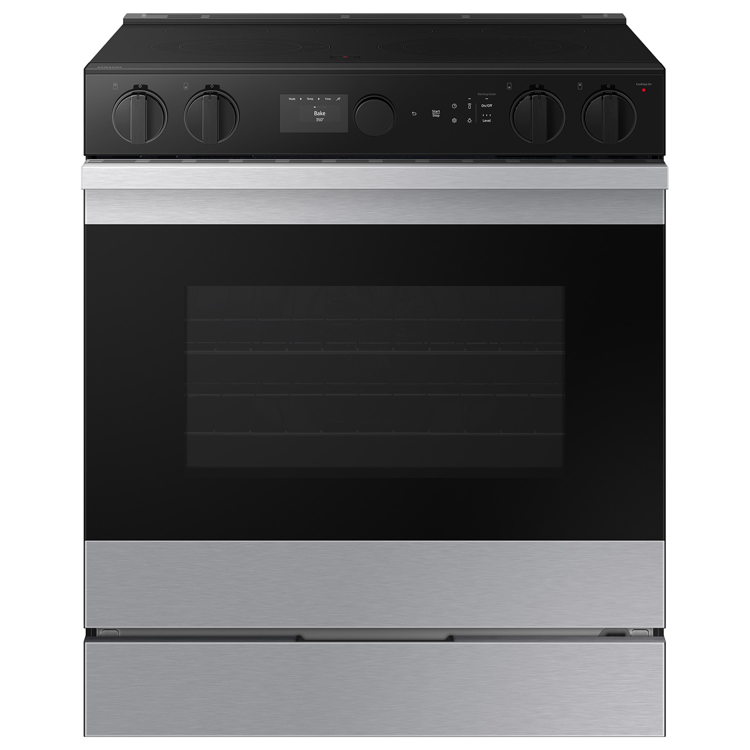 Estufa eléctrica deslizable Samsung Bespoke con 5 quemadores, horno de convección con freidora de aire de 6.3 pies cúbicos y cubierta de vidrio de 30 pulgadas (acero inoxidable) NSE6DG8500SR