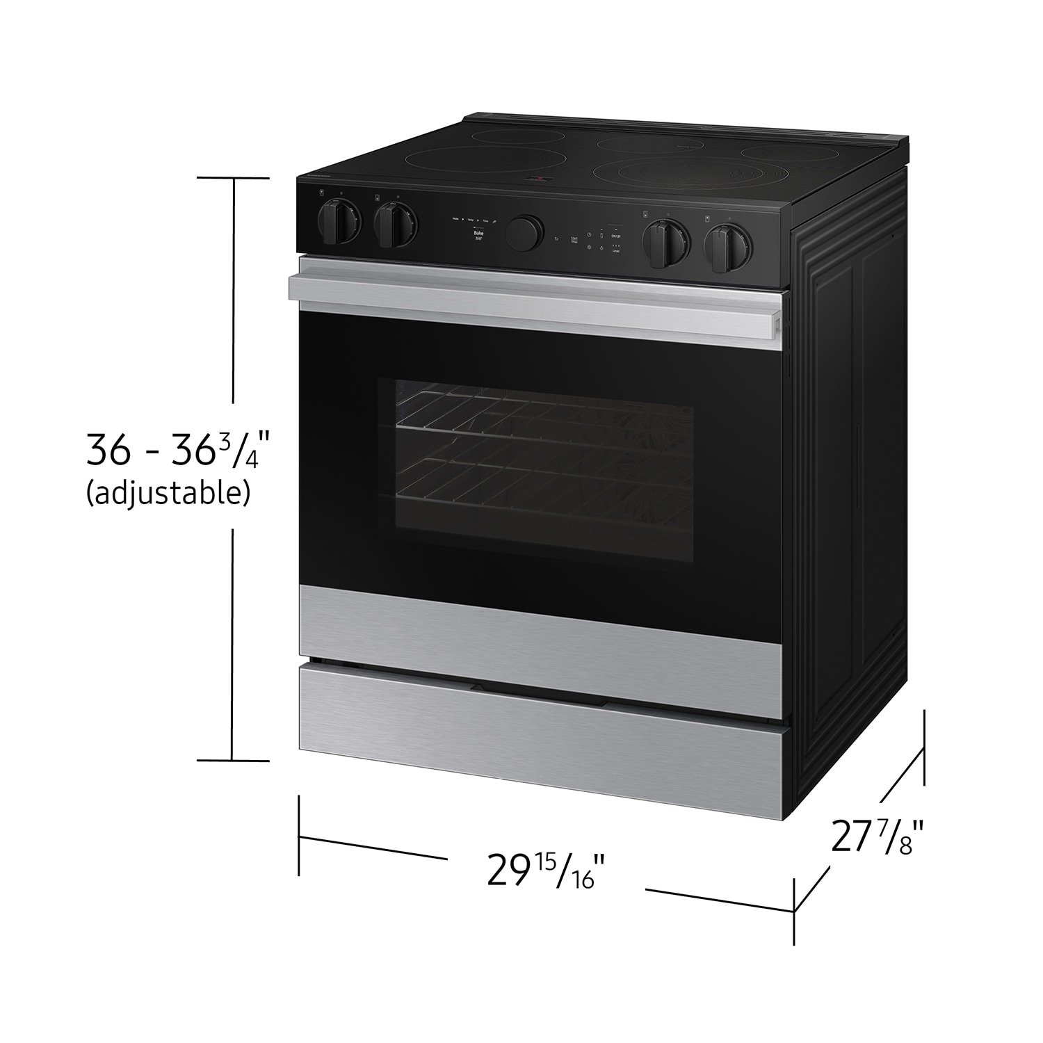 Estufa eléctrica deslizable Samsung Bespoke con 5 quemadores, horno de convección con freidora de aire de 6.3 pies cúbicos y cubierta de vidrio de 30 pulgadas (acero inoxidable) NSE6DG8500SR