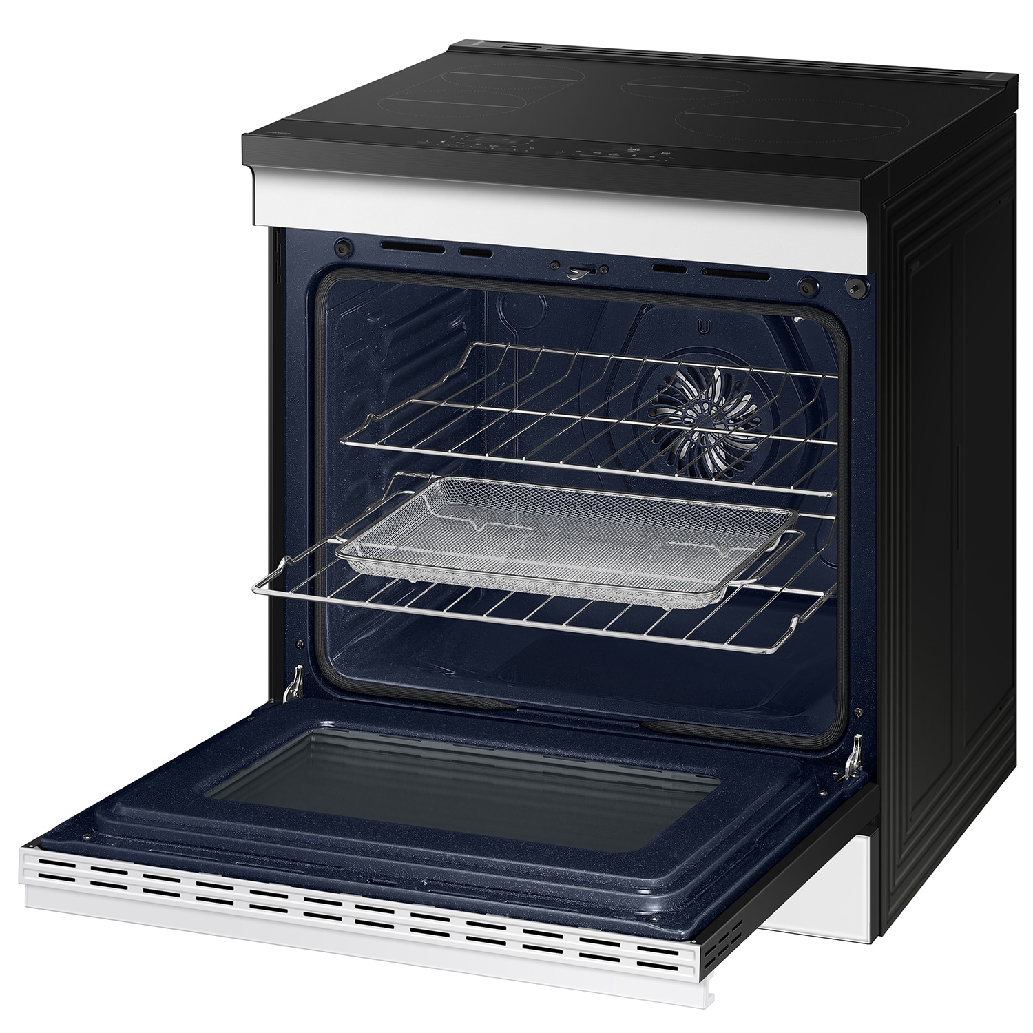 Estufa de Inducción Deslizable con Horno de Aire Freidora Convencional Bespoke de Samsung de 30 pulgadas con 4 quemadores y 6.3 pies cúbicos (Cristal Blanco)