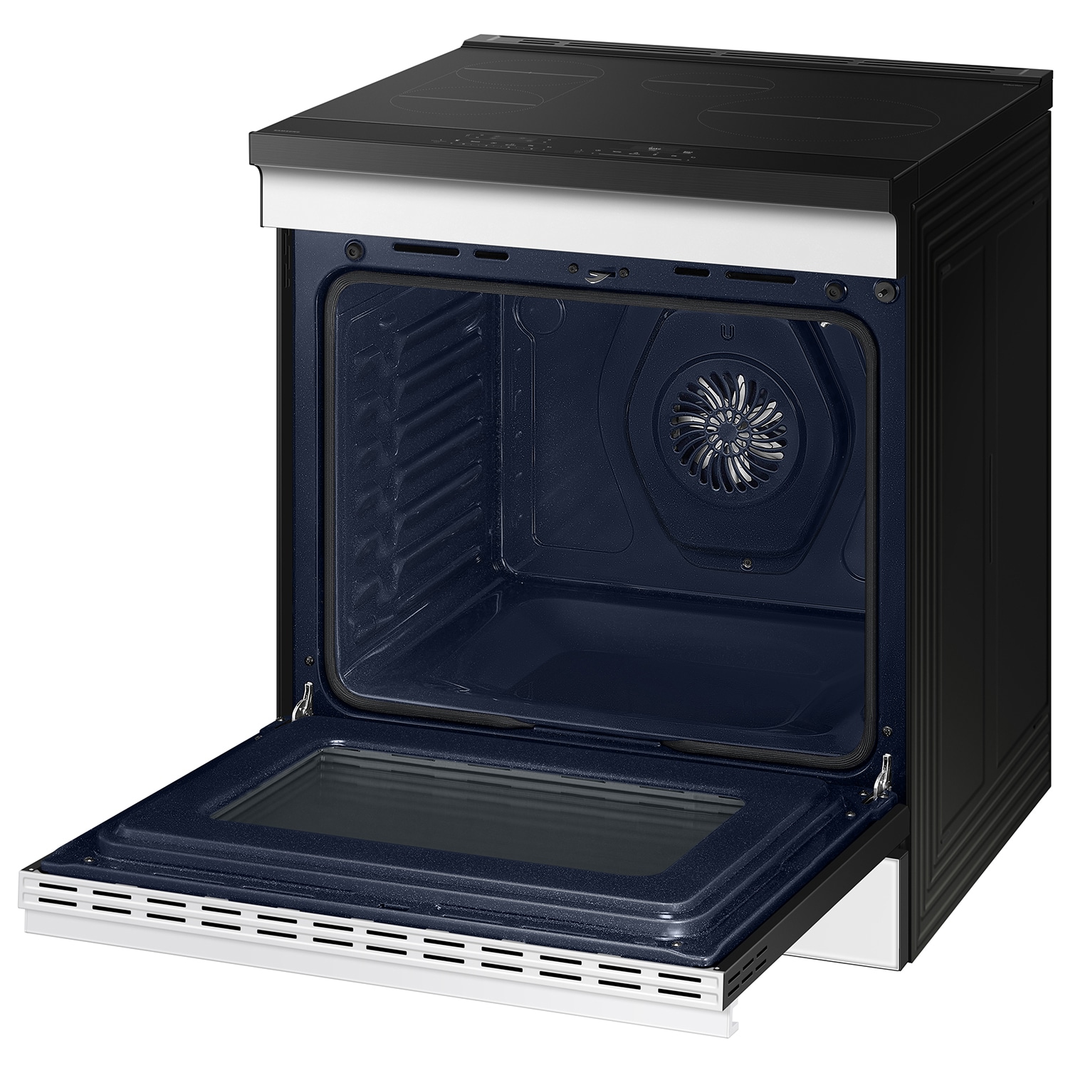 Estufa de Inducción Deslizable con Horno de Aire Freidora Convencional Bespoke de Samsung de 30 pulgadas con 4 quemadores y 6.3 pies cúbicos (Cristal Blanco)