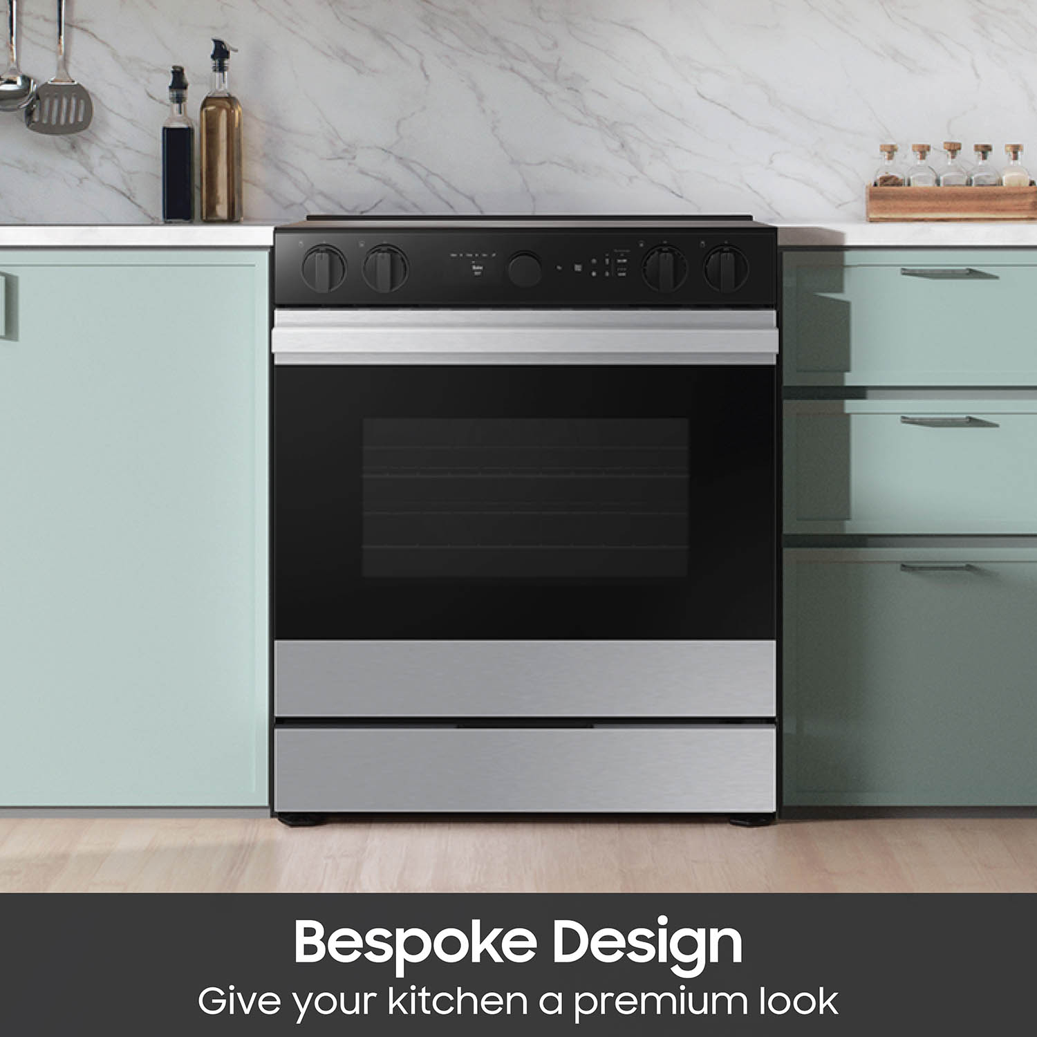 Estufa eléctrica deslizable con horno de convección de aire frito de 6.3 pies cúbicos, 5 quemadores y cubierta de vidrio de 30 pulgadas de la línea Samsung Bespoke ( acero inoxidable ) NSE6DG8700SR