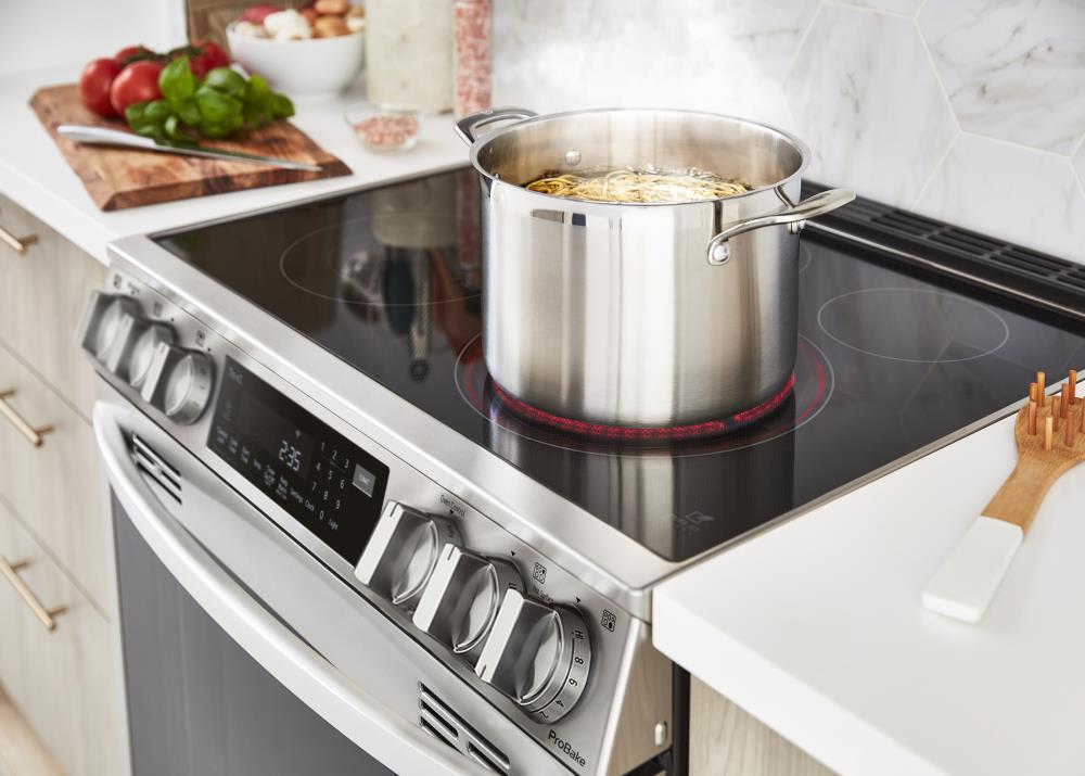 LG InstaView con Air Fry, Estufa Eléctrica de Empotrar con Superficie de Vidrio de 30 pulgadas, 5 quemadores, Horno de Convección de 6.3 pies cúbicos (Acero Inoxidable a Prueba de Impresiones) LSEL6335FE