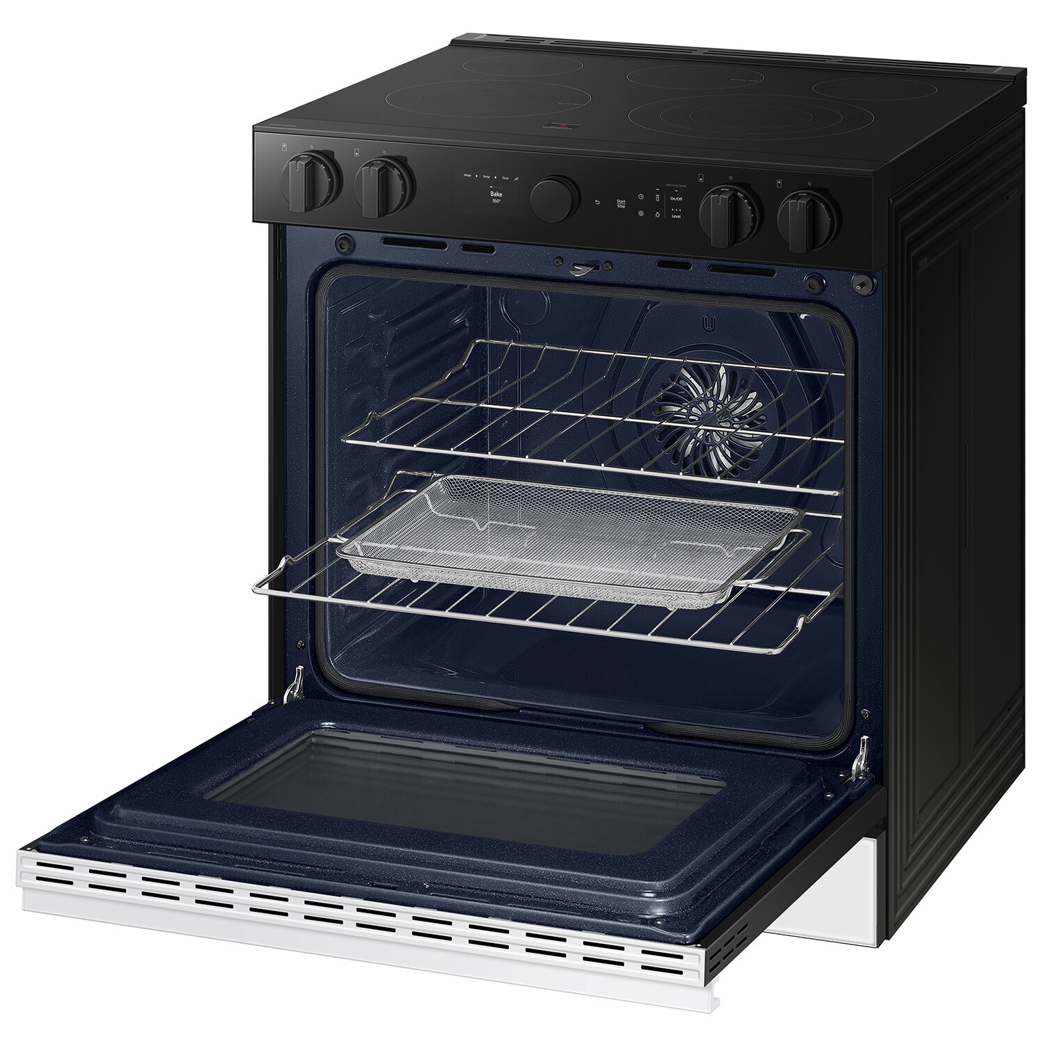 Estufa eléctrica empotrable de vidrio blanco con 5 quemadores y horno de convección Samsung Bespoke de 30 pulgadas y 6.3 pies cúbicos con freidora de aire.