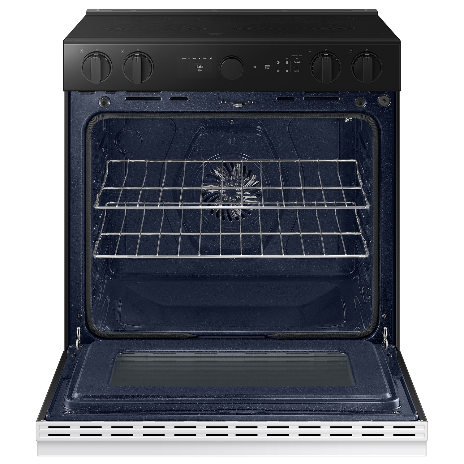 Estufa eléctrica empotrable de vidrio blanco con 5 quemadores y horno de convección Samsung Bespoke de 30 pulgadas y 6.3 pies cúbicos con freidora de aire.