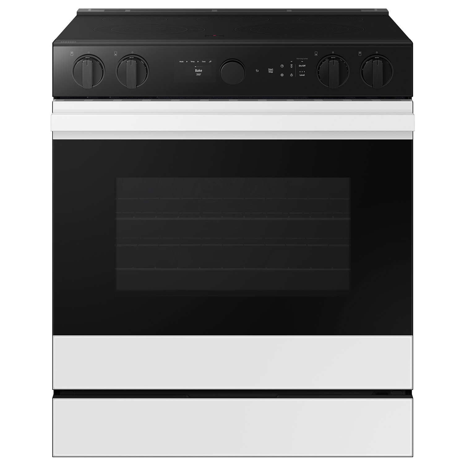 Estufa eléctrica empotrable de vidrio blanco con 5 quemadores y horno de convección Samsung Bespoke de 30 pulgadas y 6.3 pies cúbicos con freidora de aire.