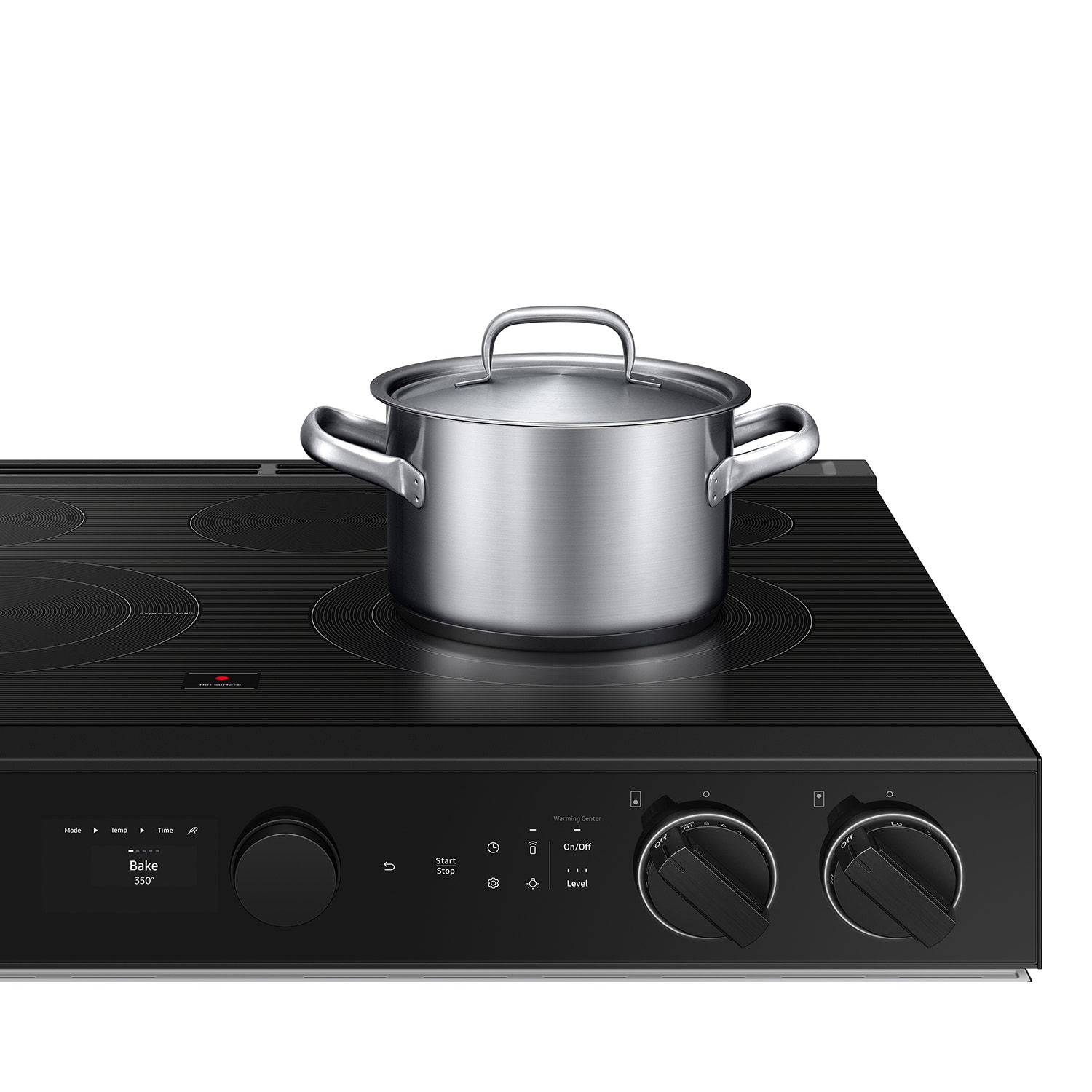 Estufa eléctrica empotrable de vidrio blanco con 5 quemadores y horno de convección Samsung Bespoke de 30 pulgadas y 6.3 pies cúbicos con freidora de aire.