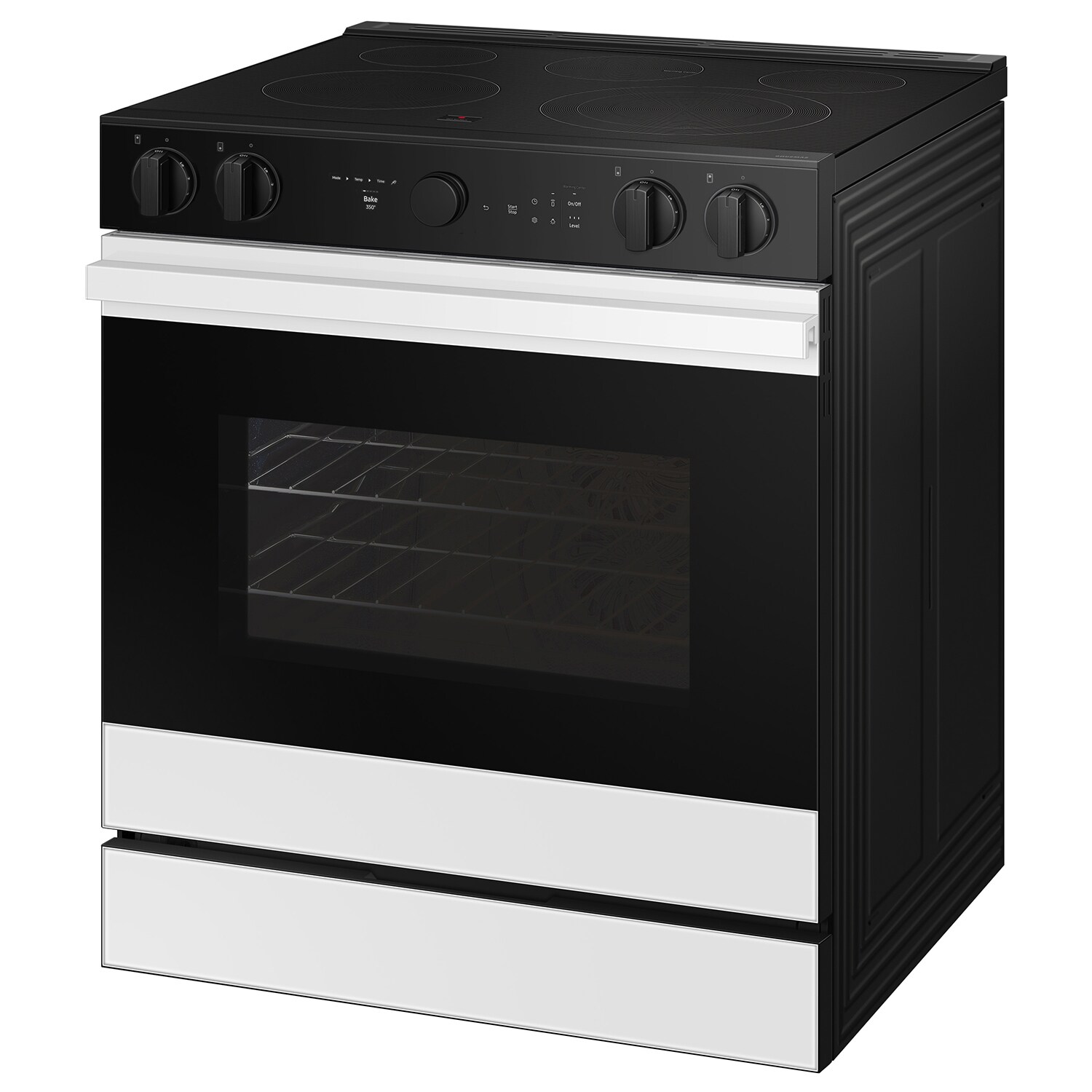 Estufa eléctrica empotrable de vidrio blanco con 5 quemadores y horno de convección Samsung Bespoke de 30 pulgadas y 6.3 pies cúbicos con freidora de aire.