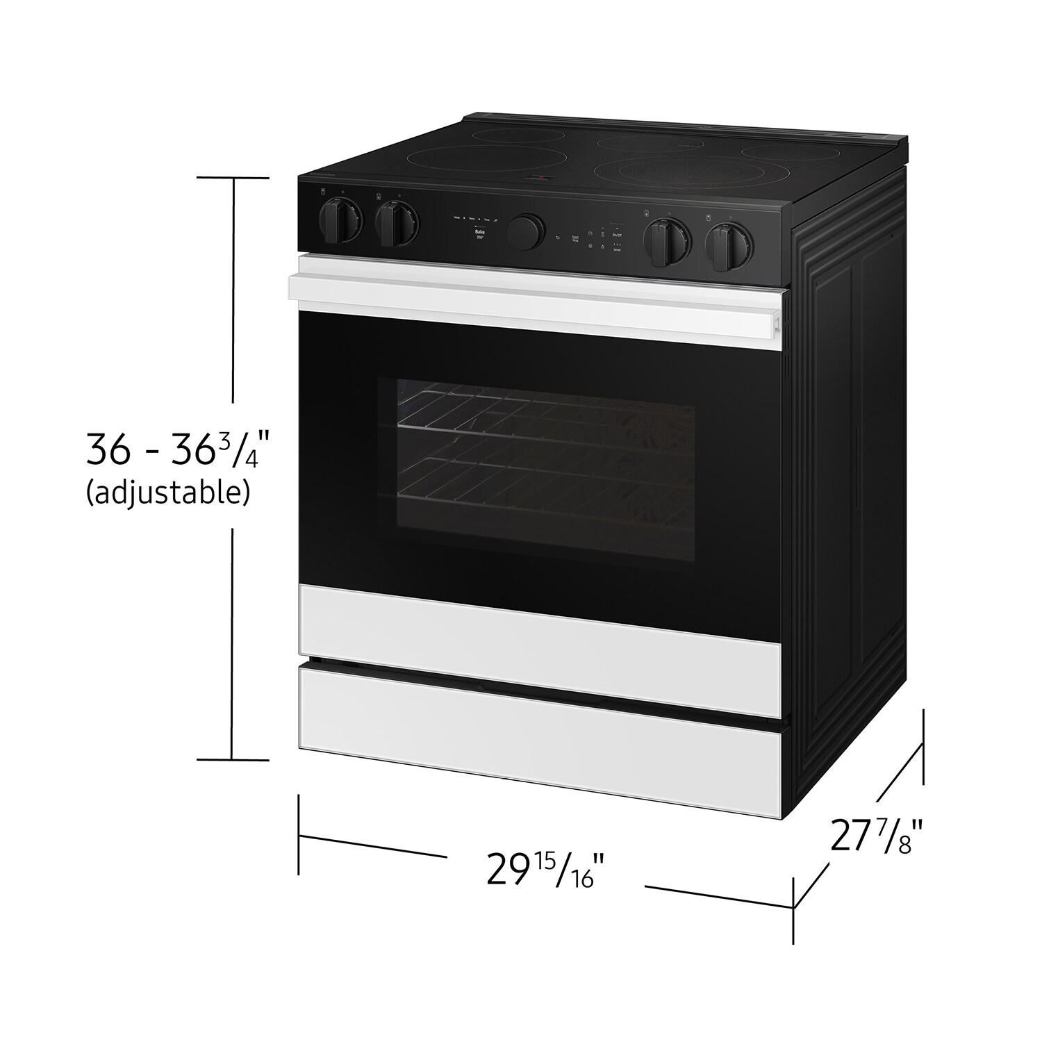 Estufa eléctrica empotrable de vidrio blanco con 5 quemadores y horno de convección Samsung Bespoke de 30 pulgadas y 6.3 pies cúbicos con freidora de aire.
