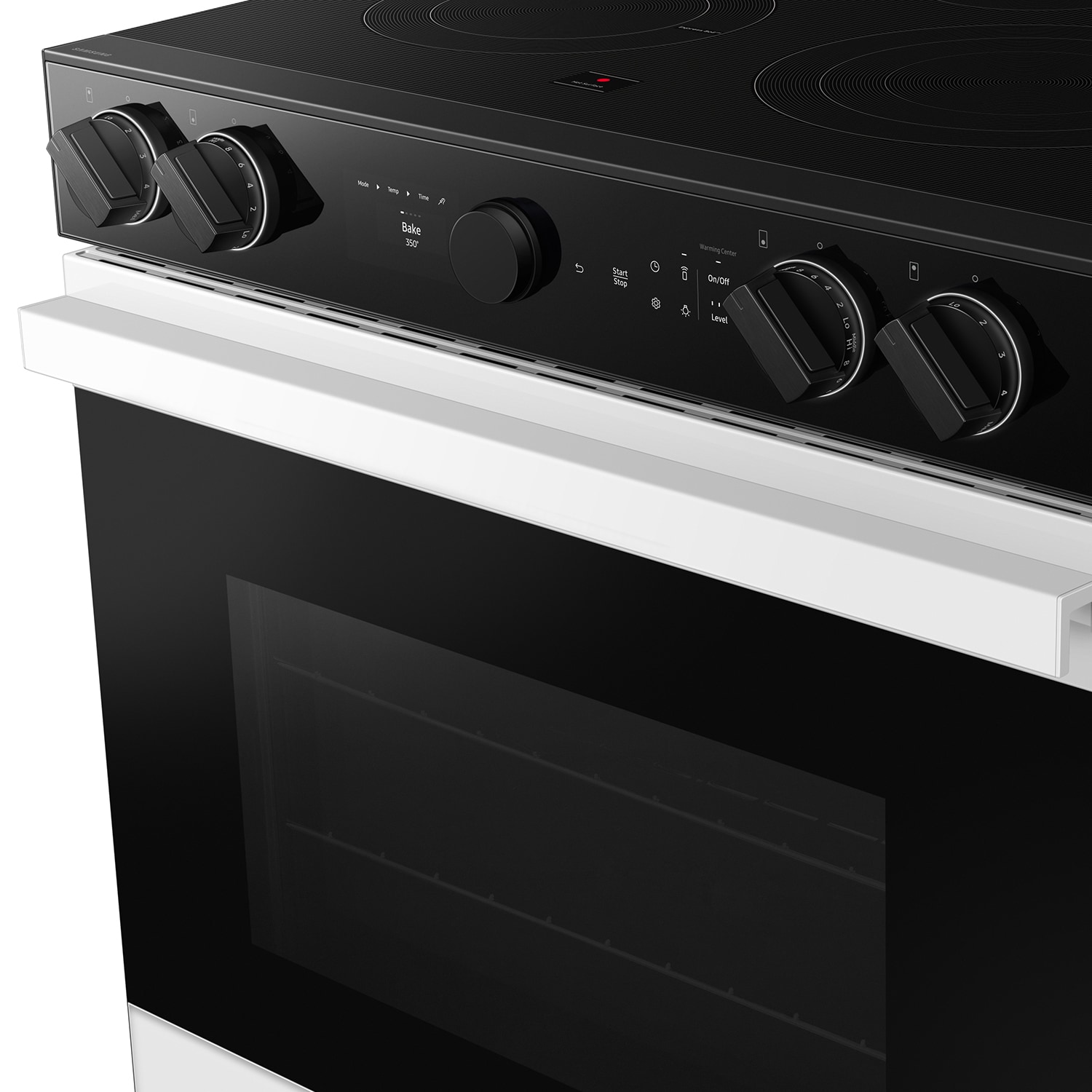 Estufa eléctrica empotrable de vidrio blanco con 5 quemadores y horno de convección Samsung Bespoke de 30 pulgadas y 6.3 pies cúbicos con freidora de aire.