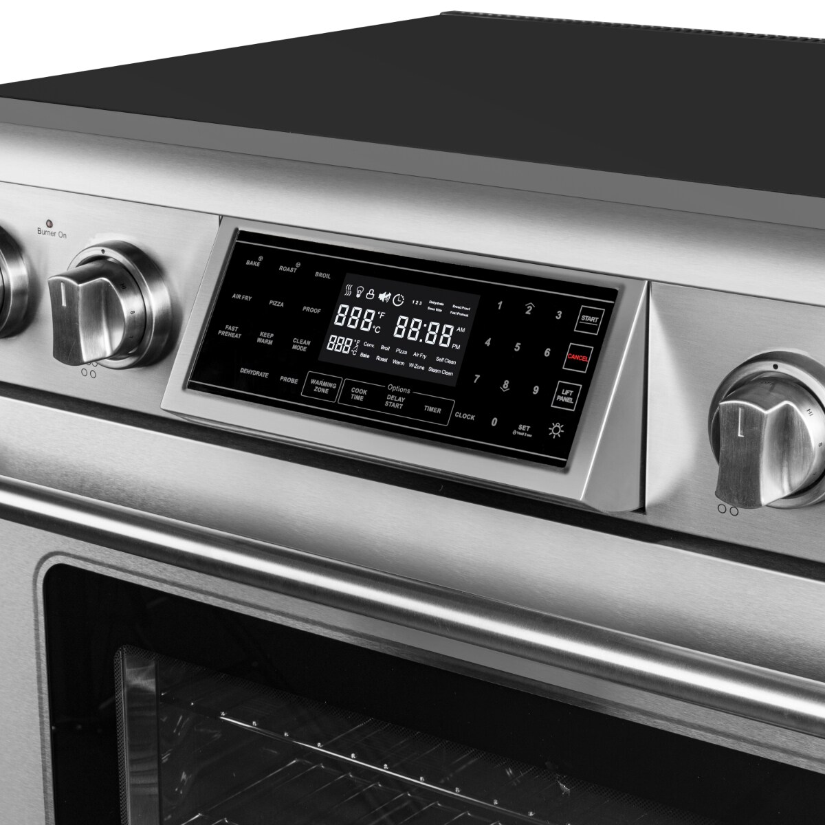 Estufa eléctrica independiente de vidrio con 5 quemadores y freidora de aire de 4.55 pies cúbicos de acero inoxidable, 30 pulgadas