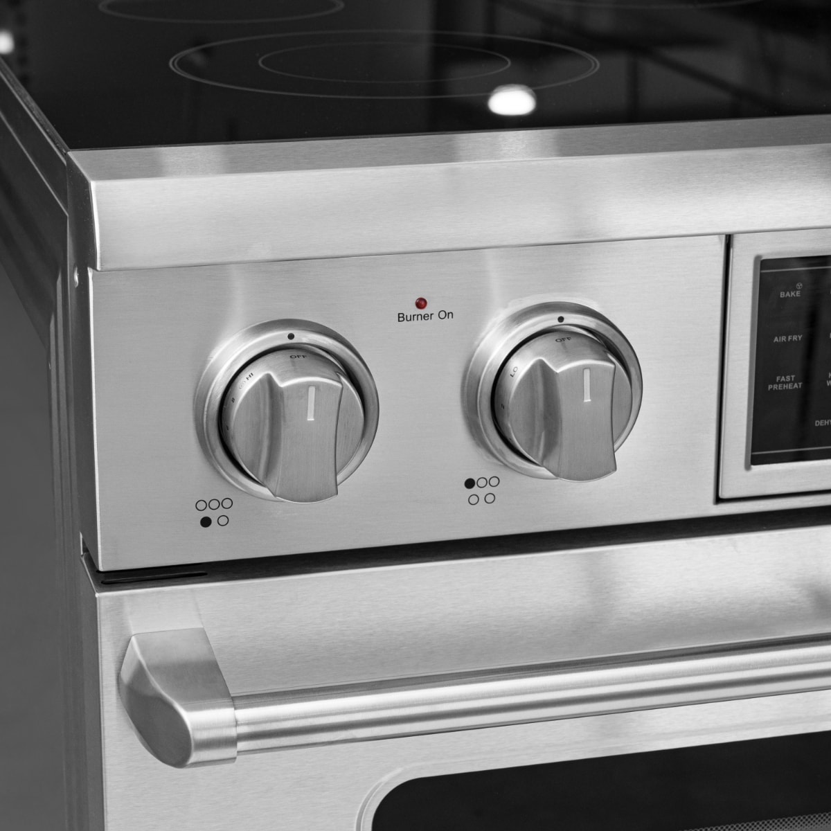 Estufa eléctrica de piso con 5 quemadores y freidora de aire de 6 pies cúbicos con superficie de vidrio de 36 pulgadas en acero inoxidable