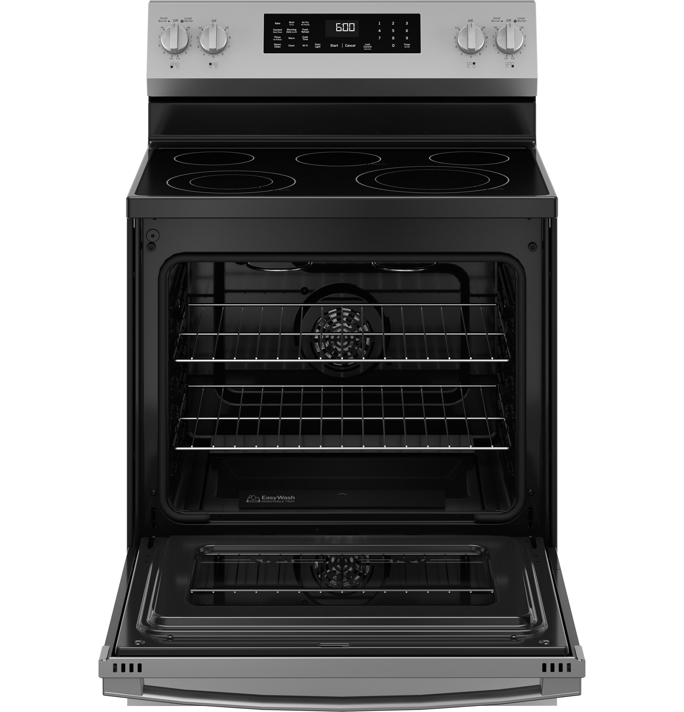 Charola para horno GE EasyWash de 30 pulgadas con cubierta de cristal y 5 quemadores, horno de convección con freidora de aire de 5.3 pies cúbicos, estufa eléctrica independiente (acabado en acero inoxidable) GRF600AVSS