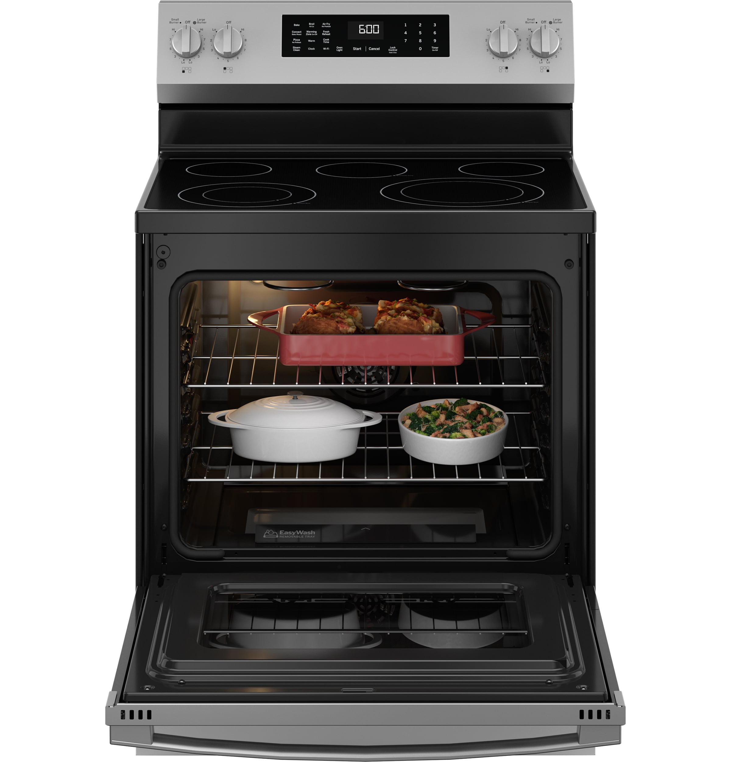 Charola para horno GE EasyWash de 30 pulgadas con cubierta de cristal y 5 quemadores, horno de convección con freidora de aire de 5.3 pies cúbicos, estufa eléctrica independiente (acabado en acero inoxidable) GRF600AVSS