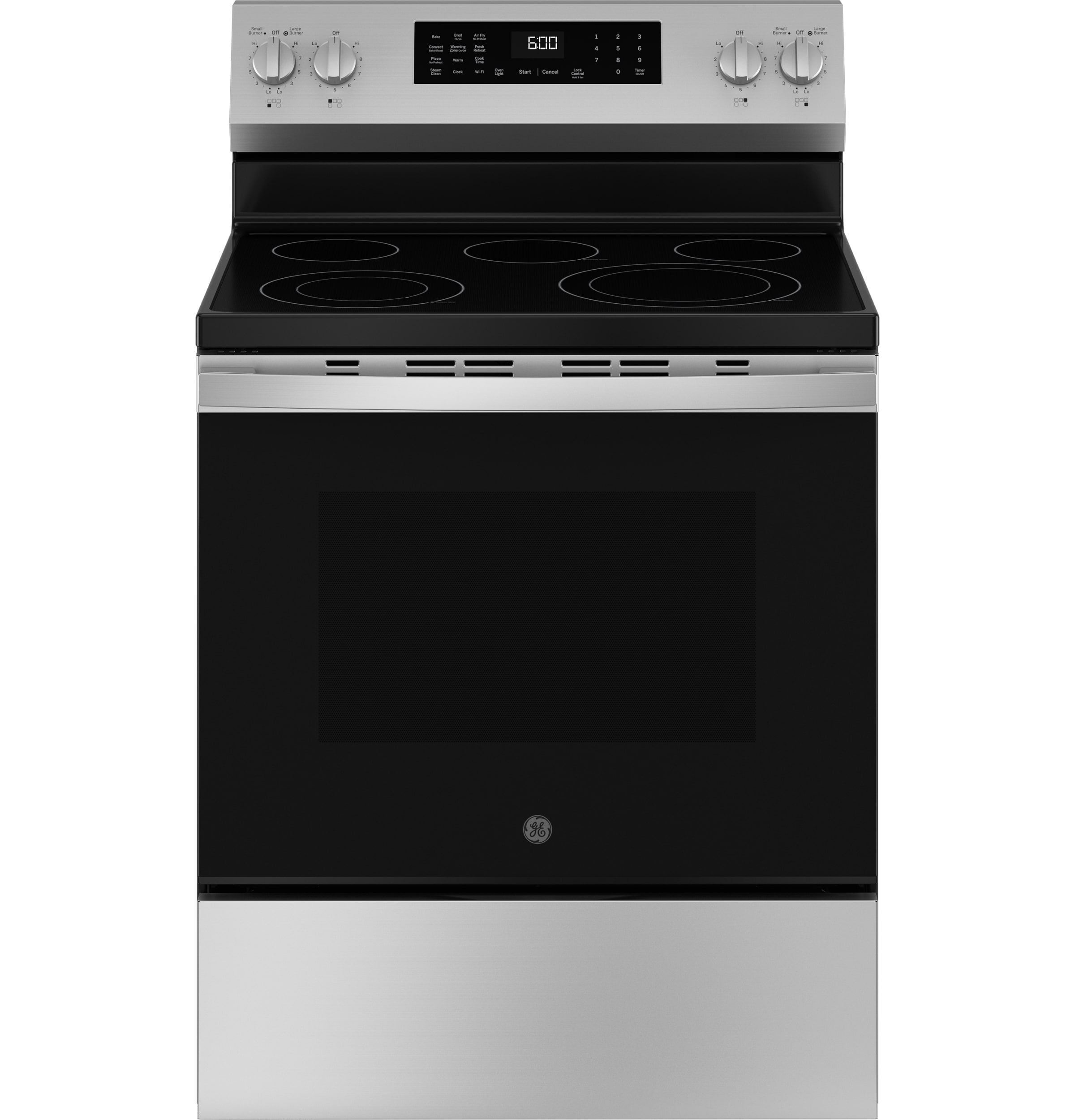 Charola para horno GE EasyWash de 30 pulgadas con cubierta de cristal y 5 quemadores, horno de convección con freidora de aire de 5.3 pies cúbicos, estufa eléctrica independiente (acabado en acero inoxidable) GRF600AVSS