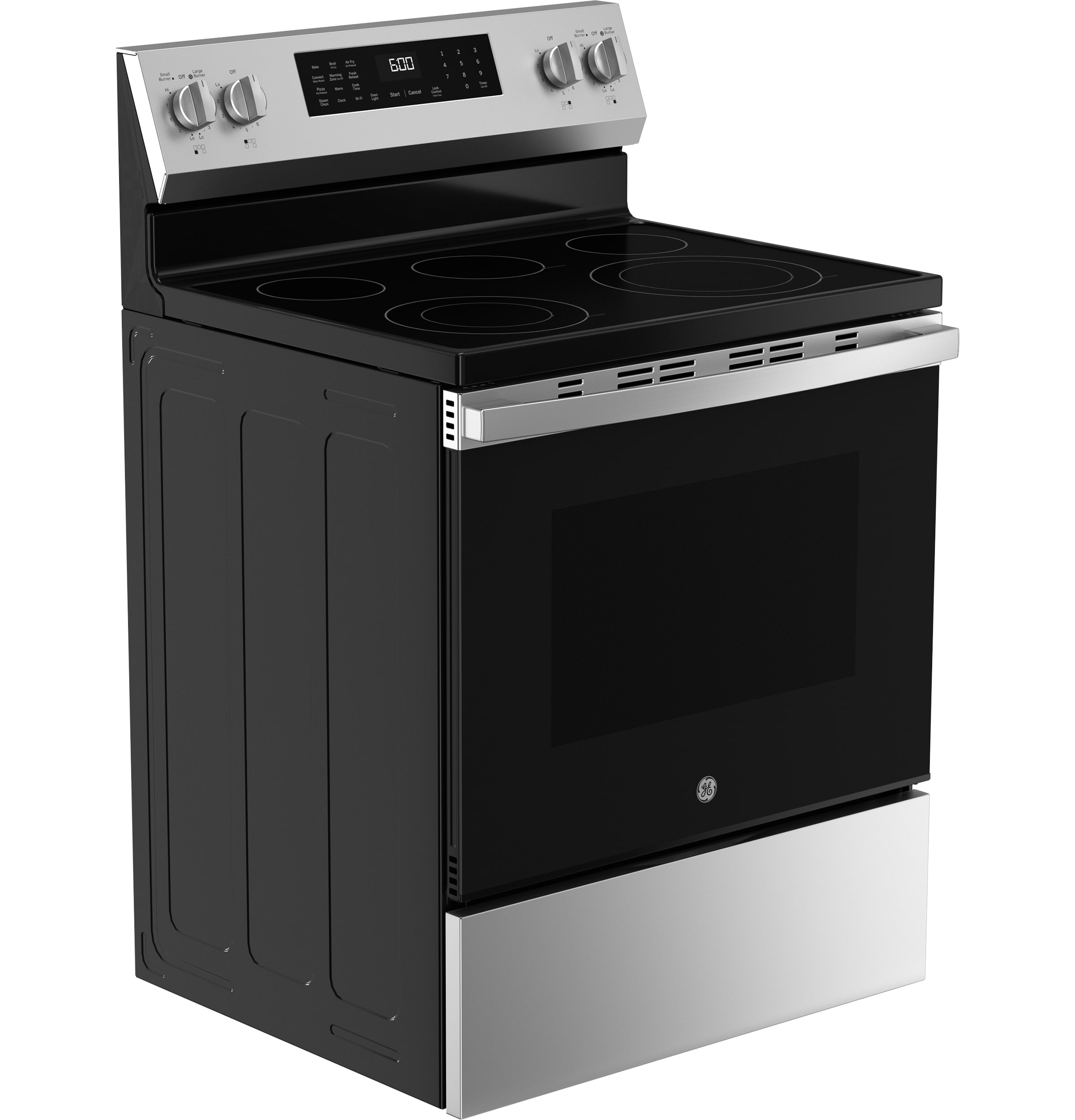 Charola para horno GE EasyWash de 30 pulgadas con cubierta de cristal y 5 quemadores, horno de convección con freidora de aire de 5.3 pies cúbicos, estufa eléctrica independiente (acabado en acero inoxidable) GRF600AVSS
