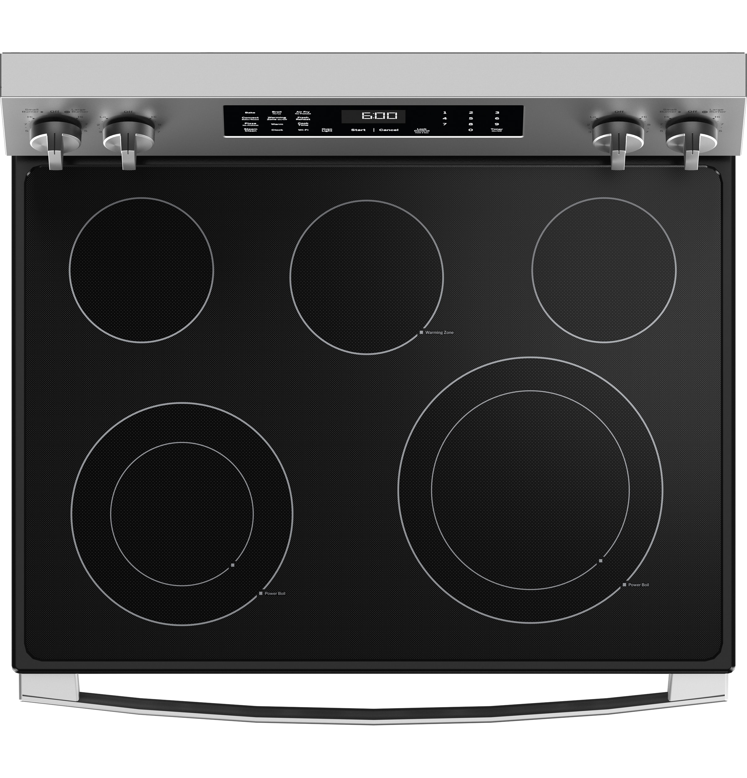 Charola para horno GE EasyWash de 30 pulgadas con cubierta de cristal y 5 quemadores, horno de convección con freidora de aire de 5.3 pies cúbicos, estufa eléctrica independiente (acabado en acero inoxidable) GRF600AVSS