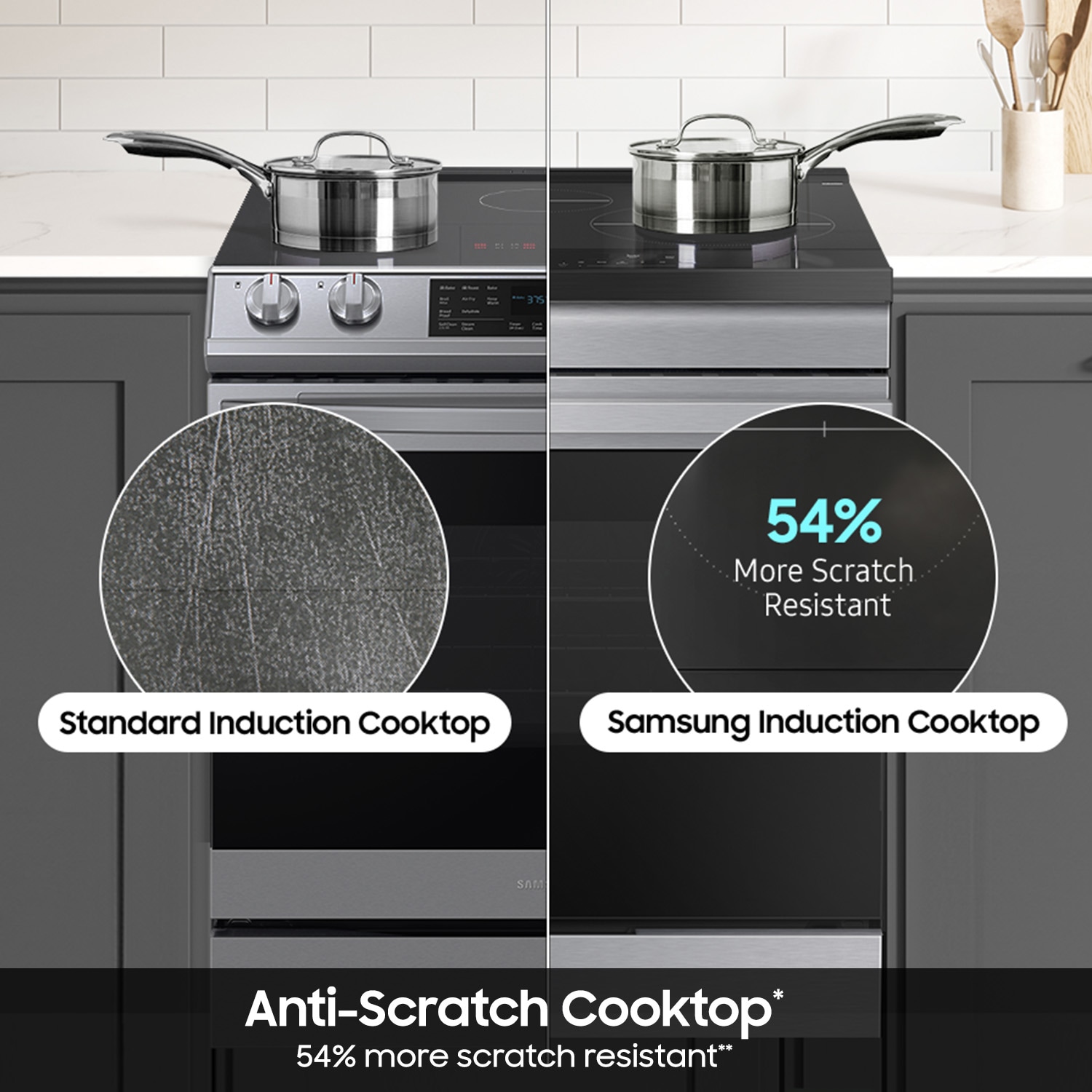 Estufa de Inducción Simple Deslizable con Horno de Convección y Freidora de Aire de 6.3 pies cúbicos con 4 Quemadores Bespoke de Samsung de 30 pulgadas (Acero Inoxidable)