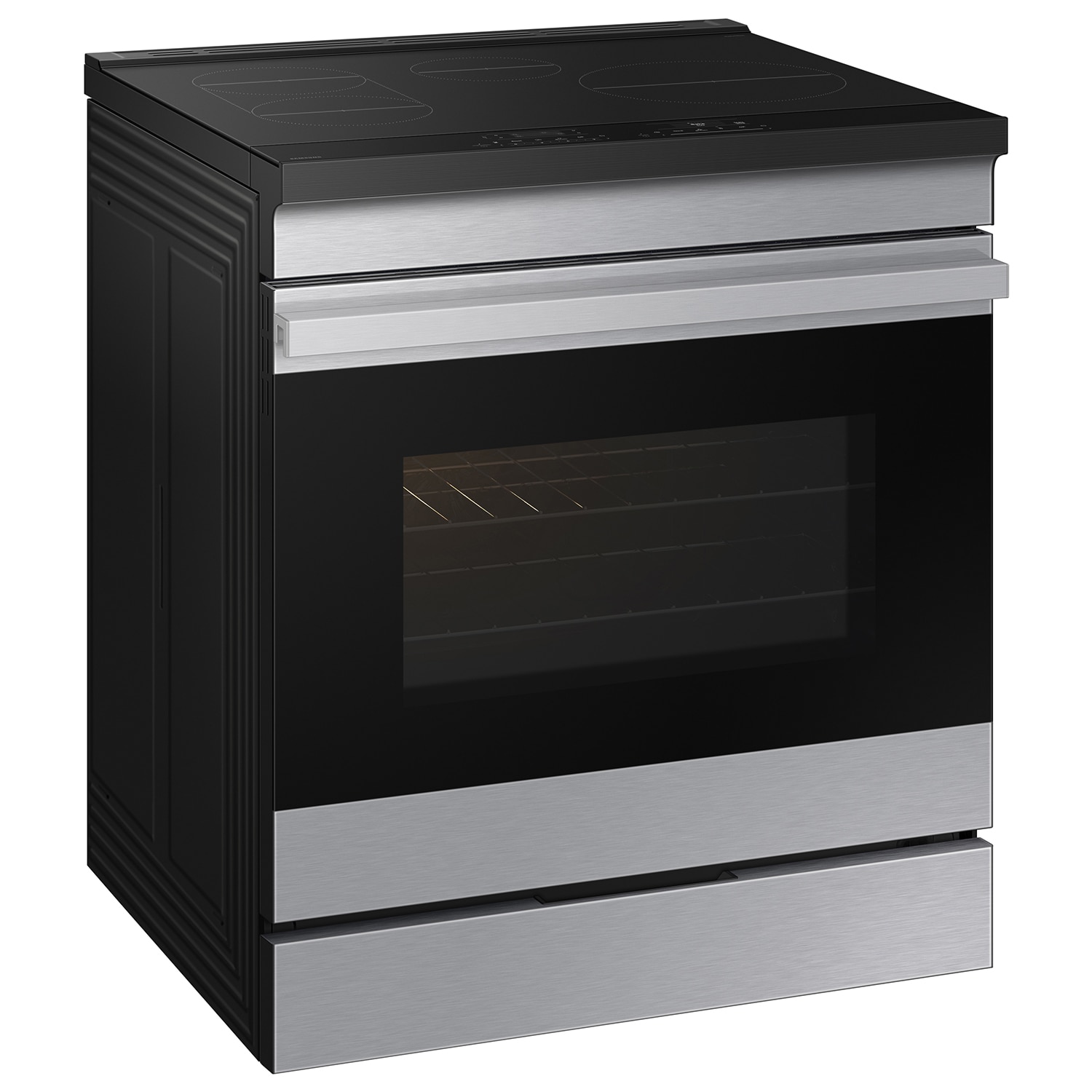 Estufa de Inducción Simple Deslizable con Horno de Convección y Freidora de Aire de 6.3 pies cúbicos con 4 Quemadores Bespoke de Samsung de 30 pulgadas (Acero Inoxidable)