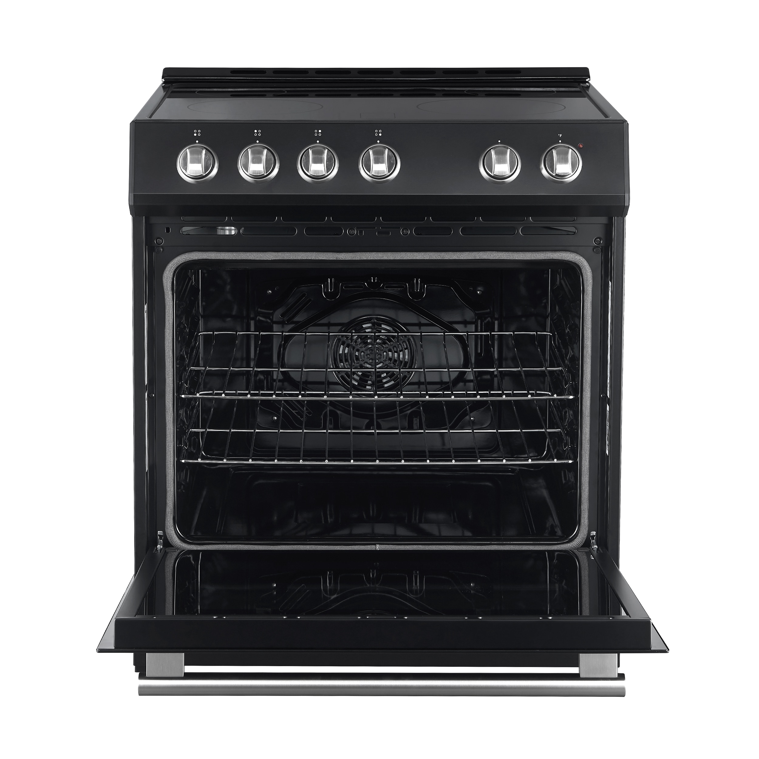 Estufa eléctrica de empotrar con 4 quemadores, horno de convección de 5 pies cúbicos y cubierta de vidrio de 30 pulgadas en negro
