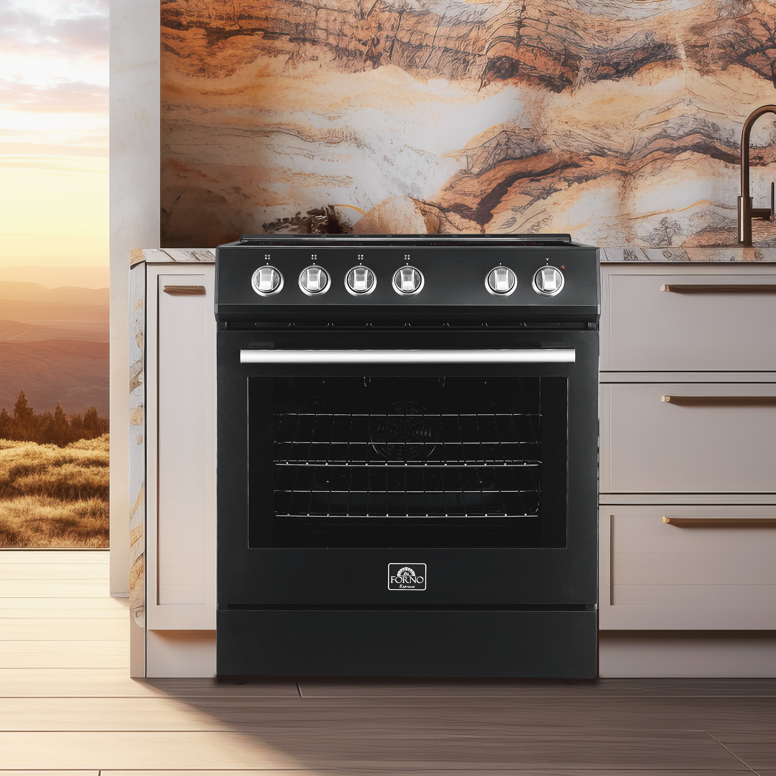 Estufa eléctrica de empotrar con 4 quemadores, horno de convección de 5 pies cúbicos y cubierta de vidrio de 30 pulgadas en negro