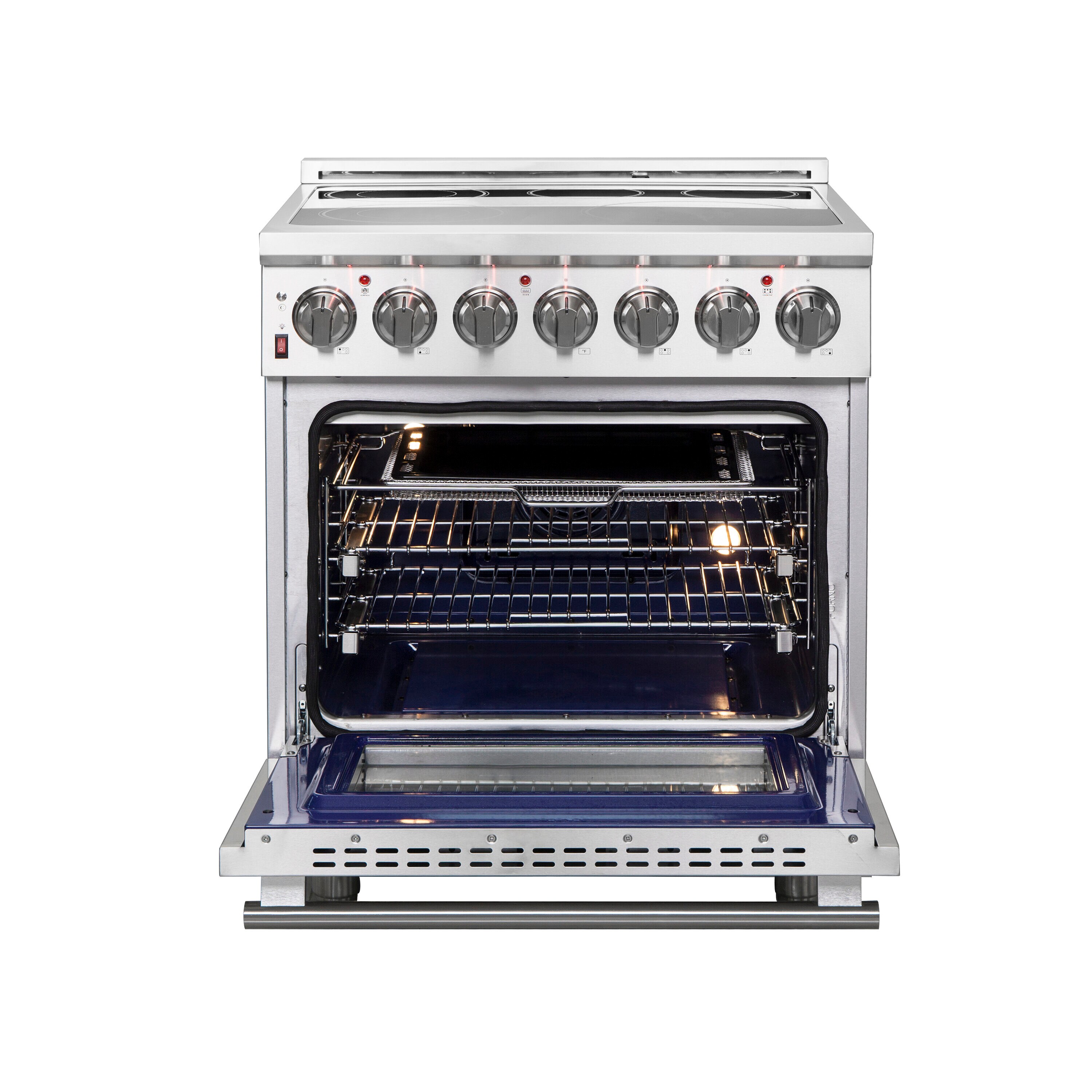 Estufa eléctrica independiente de acero inoxidable con horno de convección y freidora de aire FORNO Massimo de 30 pulgadas con 5 quemadores en la parte superior de vidrio y capacidad de 4.32 pies cúbicos