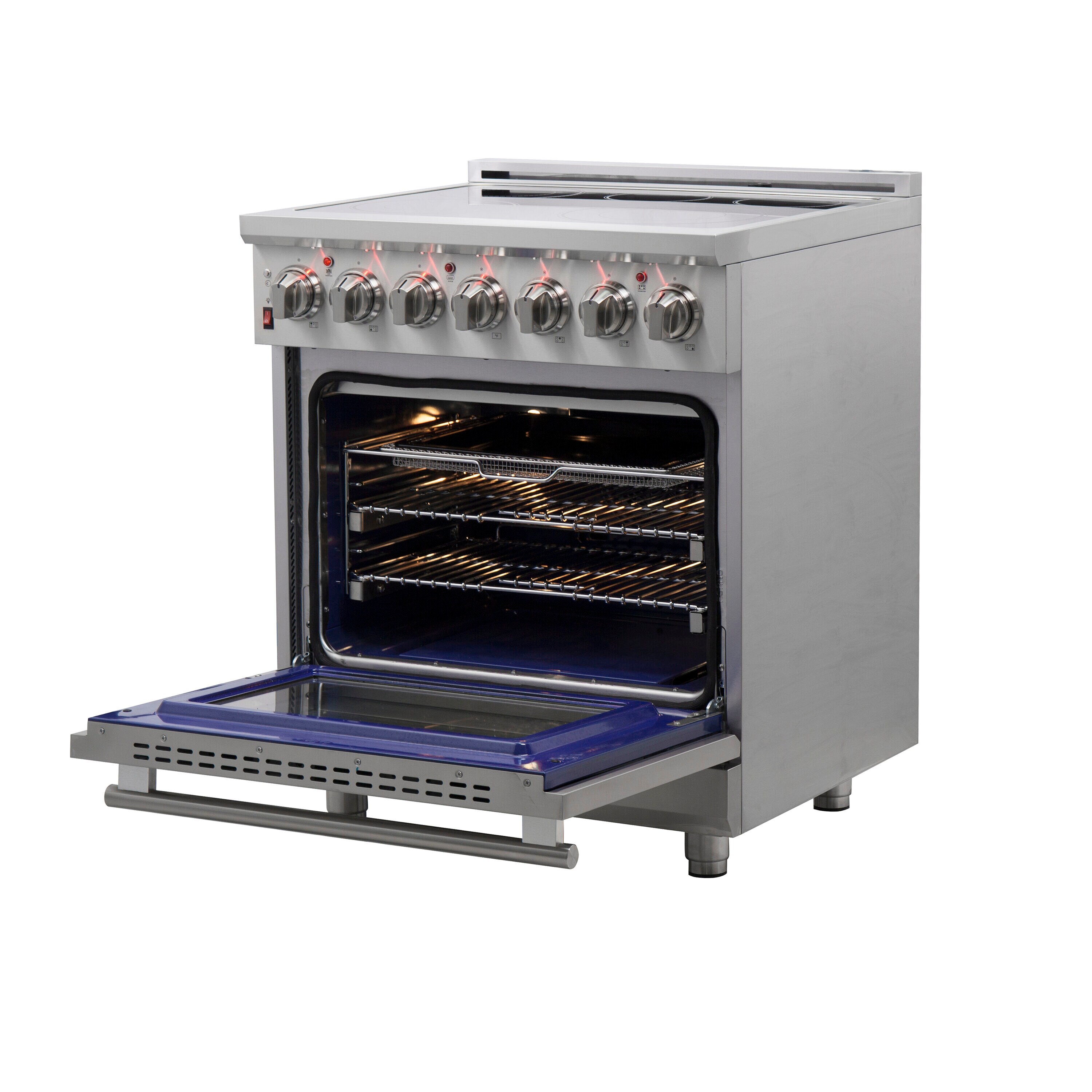 Estufa eléctrica independiente de acero inoxidable con horno de convección y freidora de aire FORNO Massimo de 30 pulgadas con 5 quemadores en la parte superior de vidrio y capacidad de 4.32 pies cúbicos