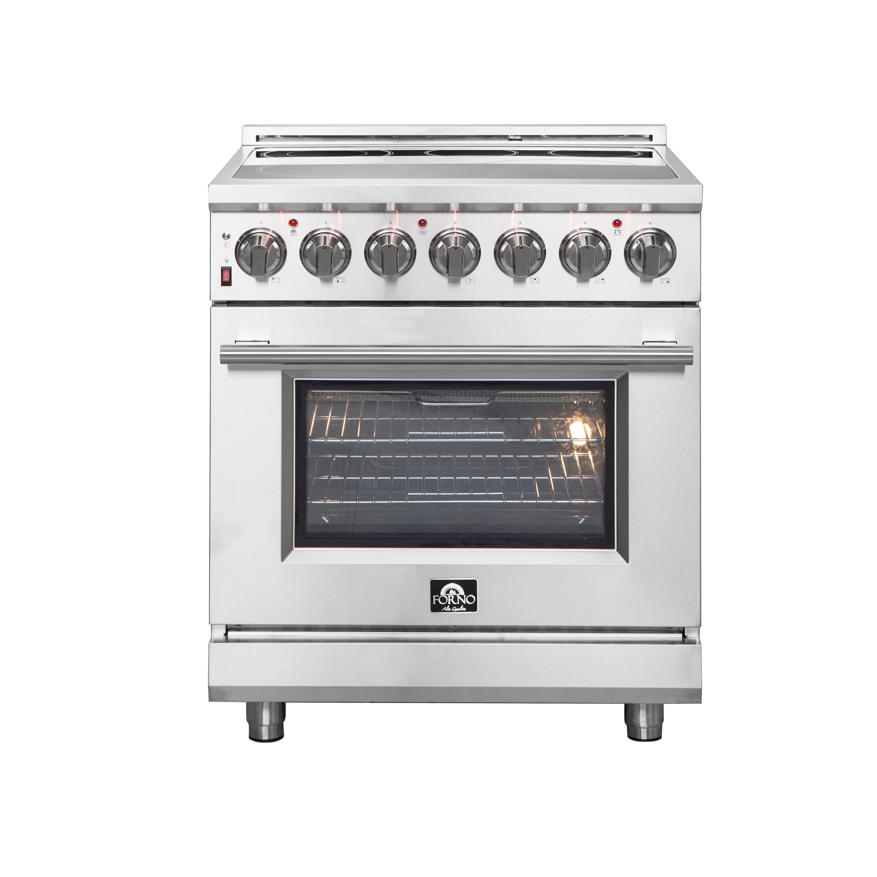 Estufa eléctrica independiente de acero inoxidable con horno de convección y freidora de aire FORNO Massimo de 30 pulgadas con 5 quemadores en la parte superior de vidrio y capacidad de 4.32 pies cúbicos