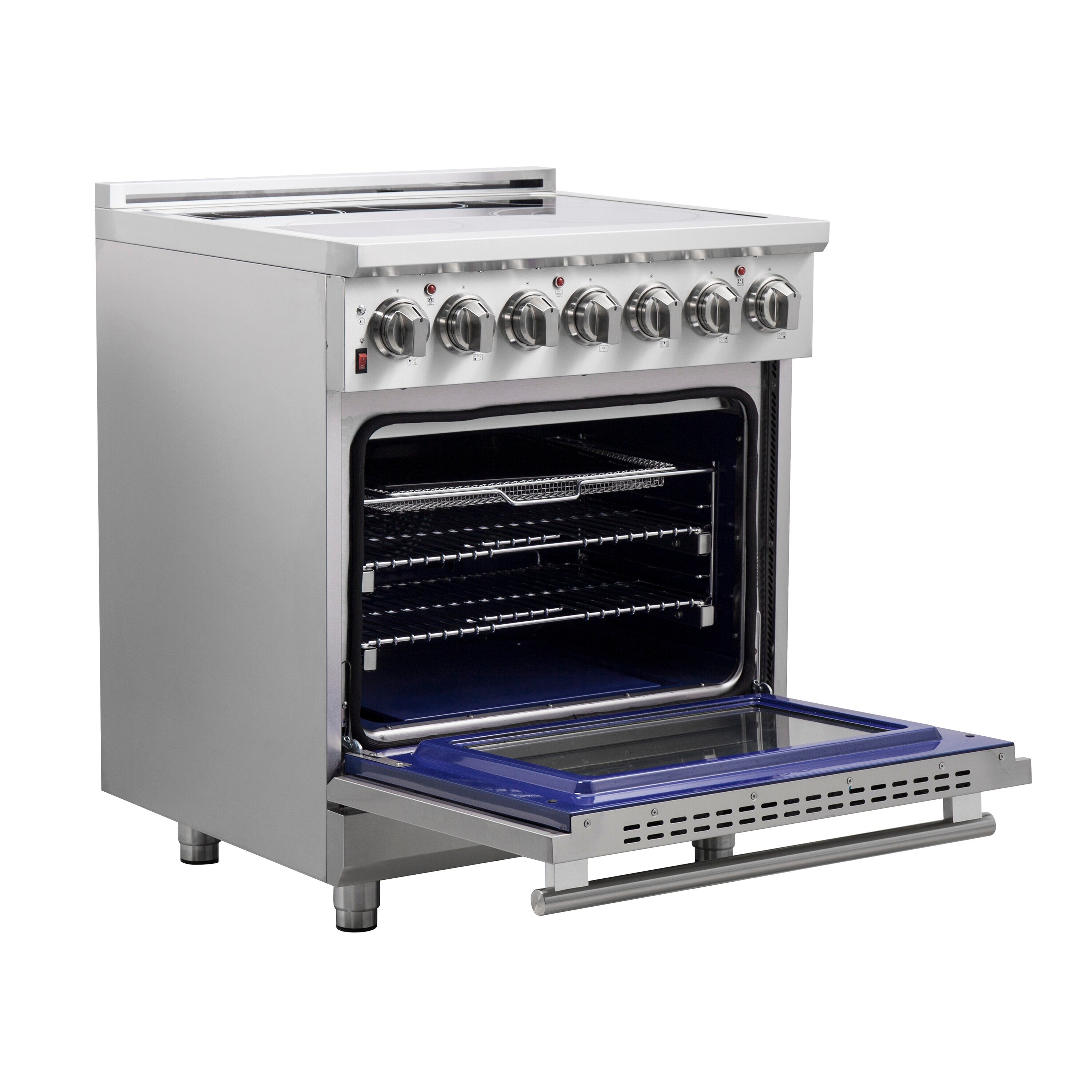 Estufa eléctrica independiente de acero inoxidable con horno de convección y freidora de aire FORNO Massimo de 30 pulgadas con 5 quemadores en la parte superior de vidrio y capacidad de 4.32 pies cúbicos