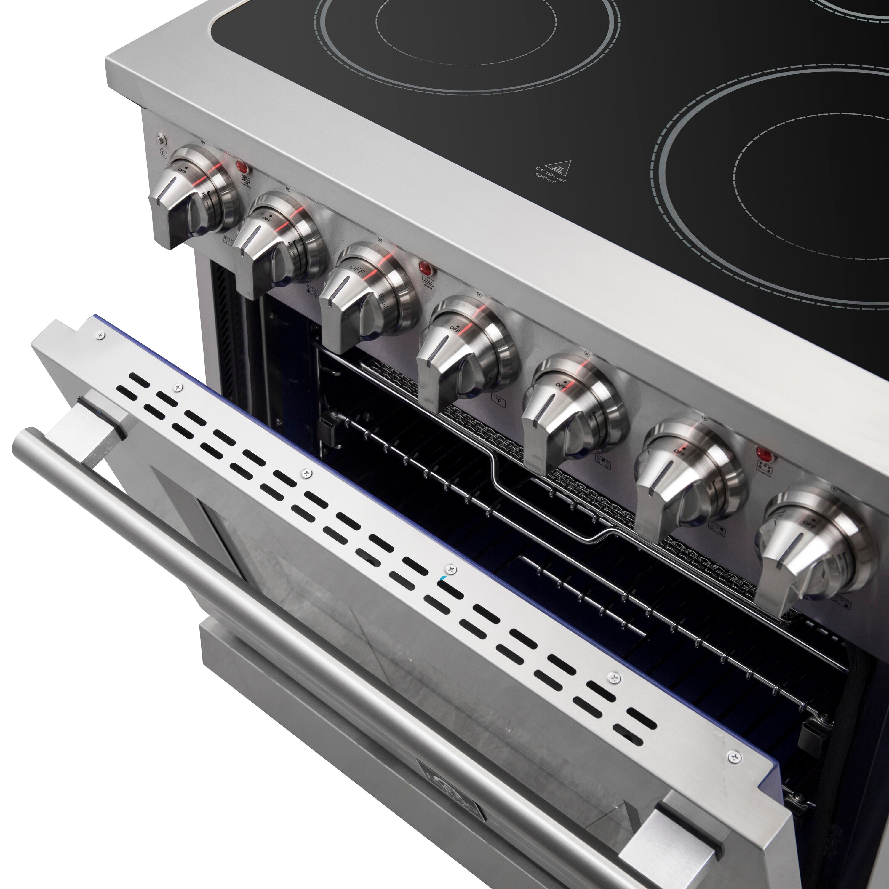 Estufa eléctrica independiente de acero inoxidable con horno de convección y freidora de aire FORNO Massimo de 30 pulgadas con 5 quemadores en la parte superior de vidrio y capacidad de 4.32 pies cúbicos