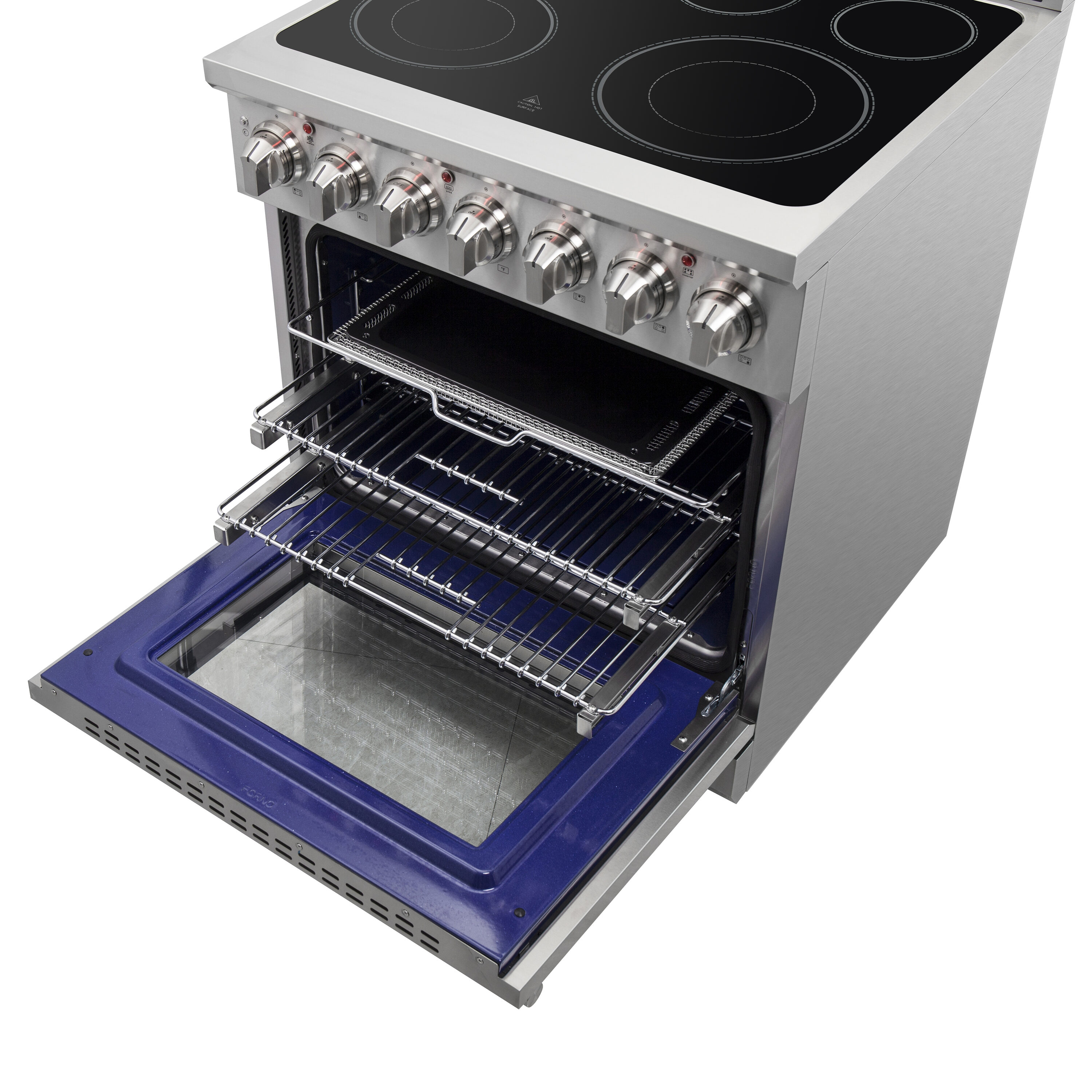 Estufa eléctrica independiente de acero inoxidable con horno de convección y freidora de aire FORNO Massimo de 30 pulgadas con 5 quemadores en la parte superior de vidrio y capacidad de 4.32 pies cúbicos