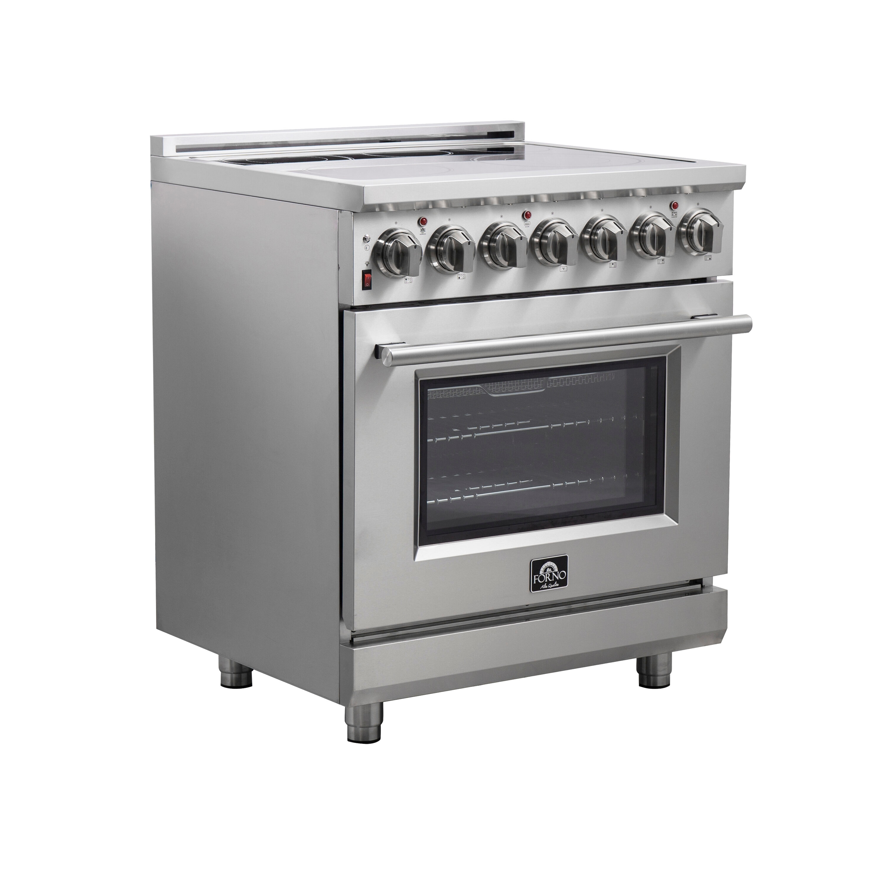Estufa eléctrica independiente de acero inoxidable con horno de convección y freidora de aire FORNO Massimo de 30 pulgadas con 5 quemadores en la parte superior de vidrio y capacidad de 4.32 pies cúbicos