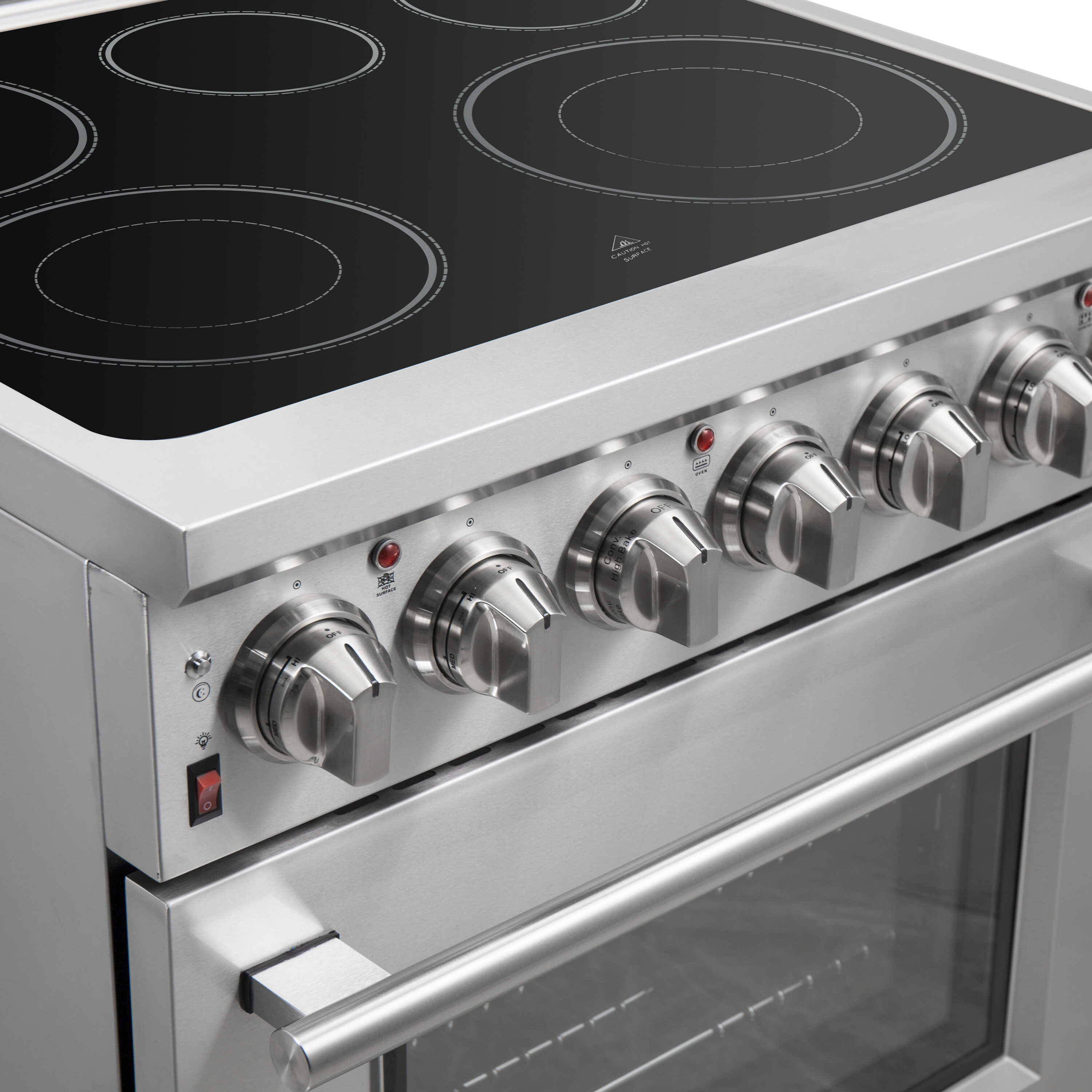 Estufa eléctrica independiente de acero inoxidable con horno de convección y freidora de aire FORNO Massimo de 30 pulgadas con 5 quemadores en la parte superior de vidrio y capacidad de 4.32 pies cúbicos