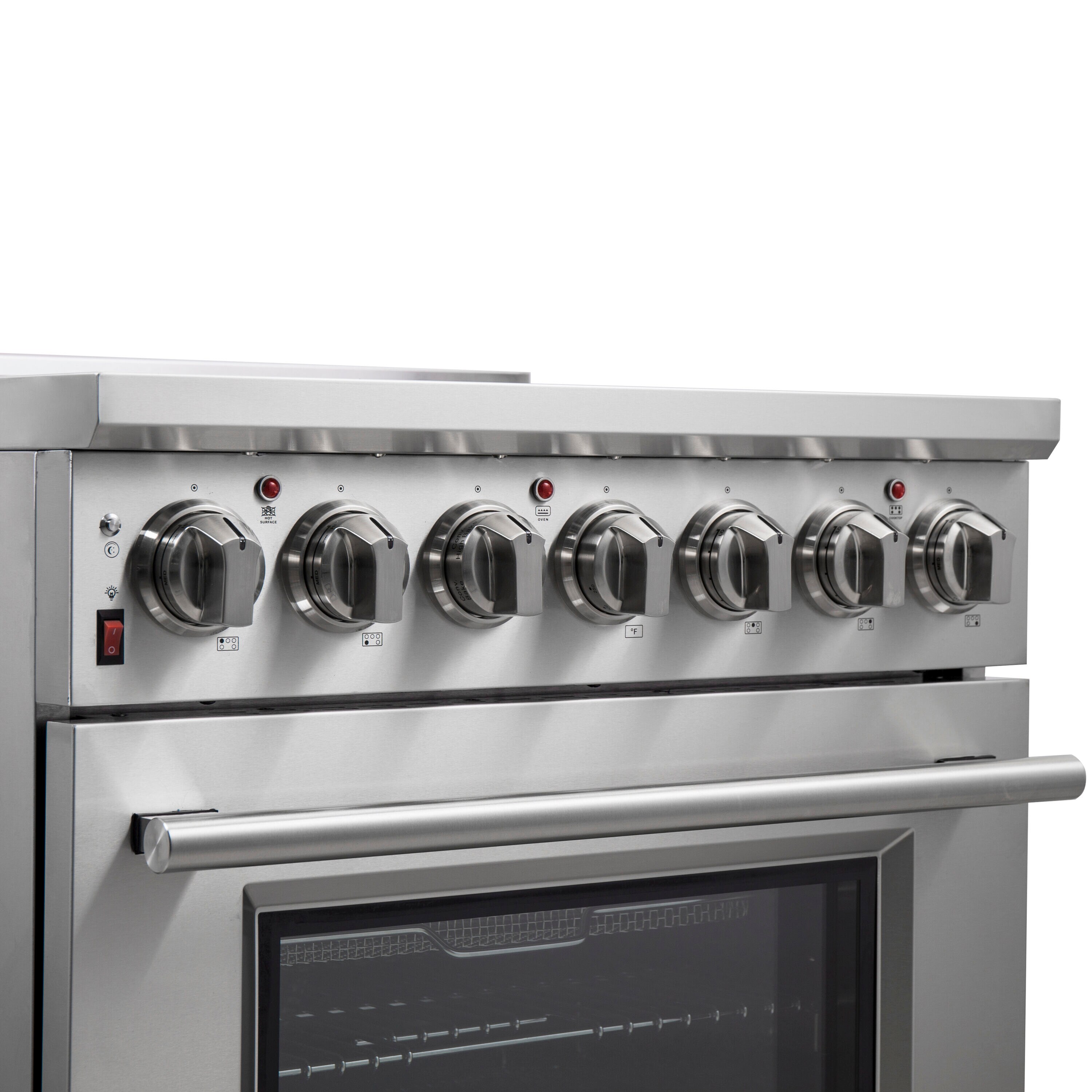 Estufa eléctrica independiente de acero inoxidable con horno de convección y freidora de aire FORNO Massimo de 30 pulgadas con 5 quemadores en la parte superior de vidrio y capacidad de 4.32 pies cúbicos