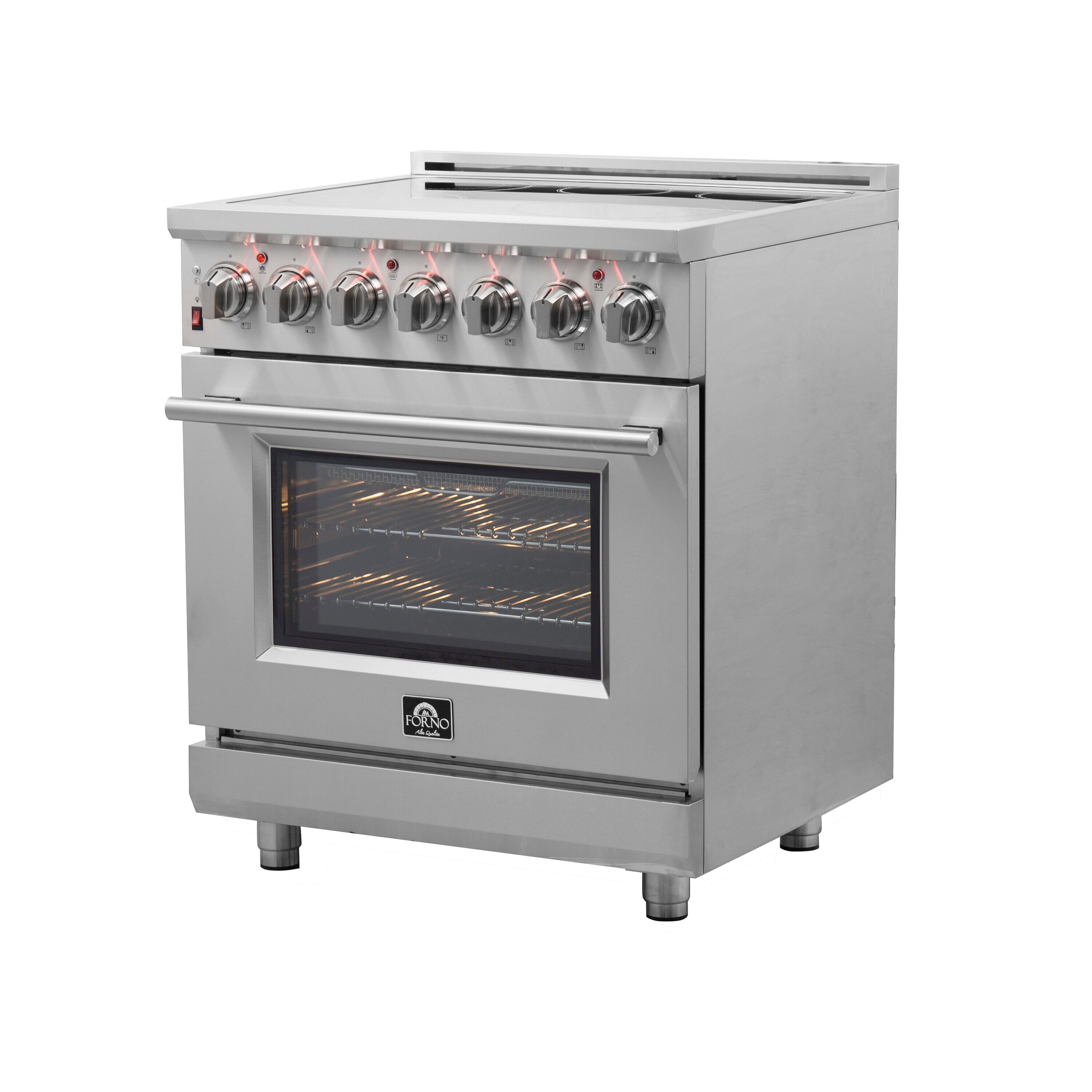 Estufa eléctrica independiente de acero inoxidable con horno de convección y freidora de aire FORNO Massimo de 30 pulgadas con 5 quemadores en la parte superior de vidrio y capacidad de 4.32 pies cúbicos