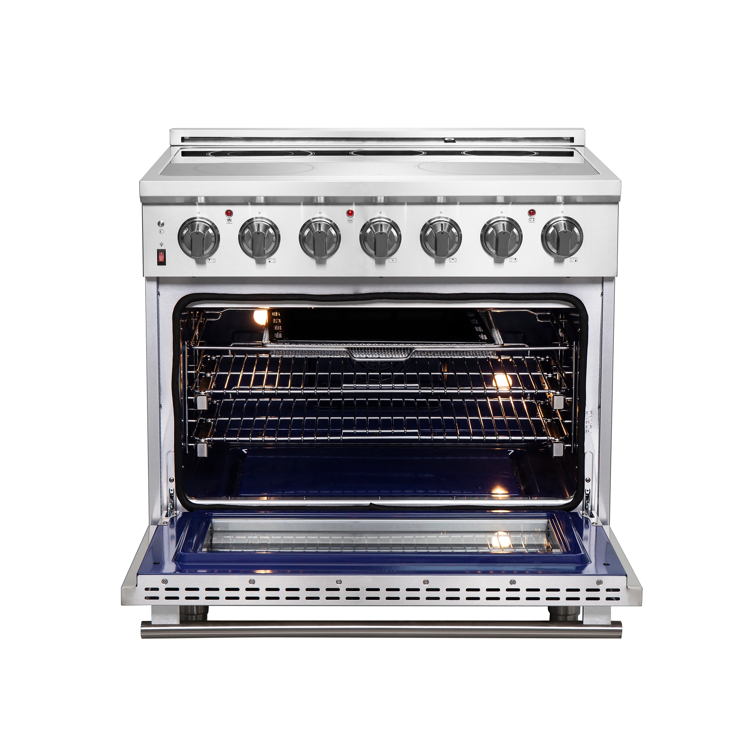 Estufa eléctrica independiente de acero inoxidable con horno de convección de freír al aire FORNO Massimo de 36 pulgadas con 5 quemadores y 5.36 pies cúbicos de capacidad.
