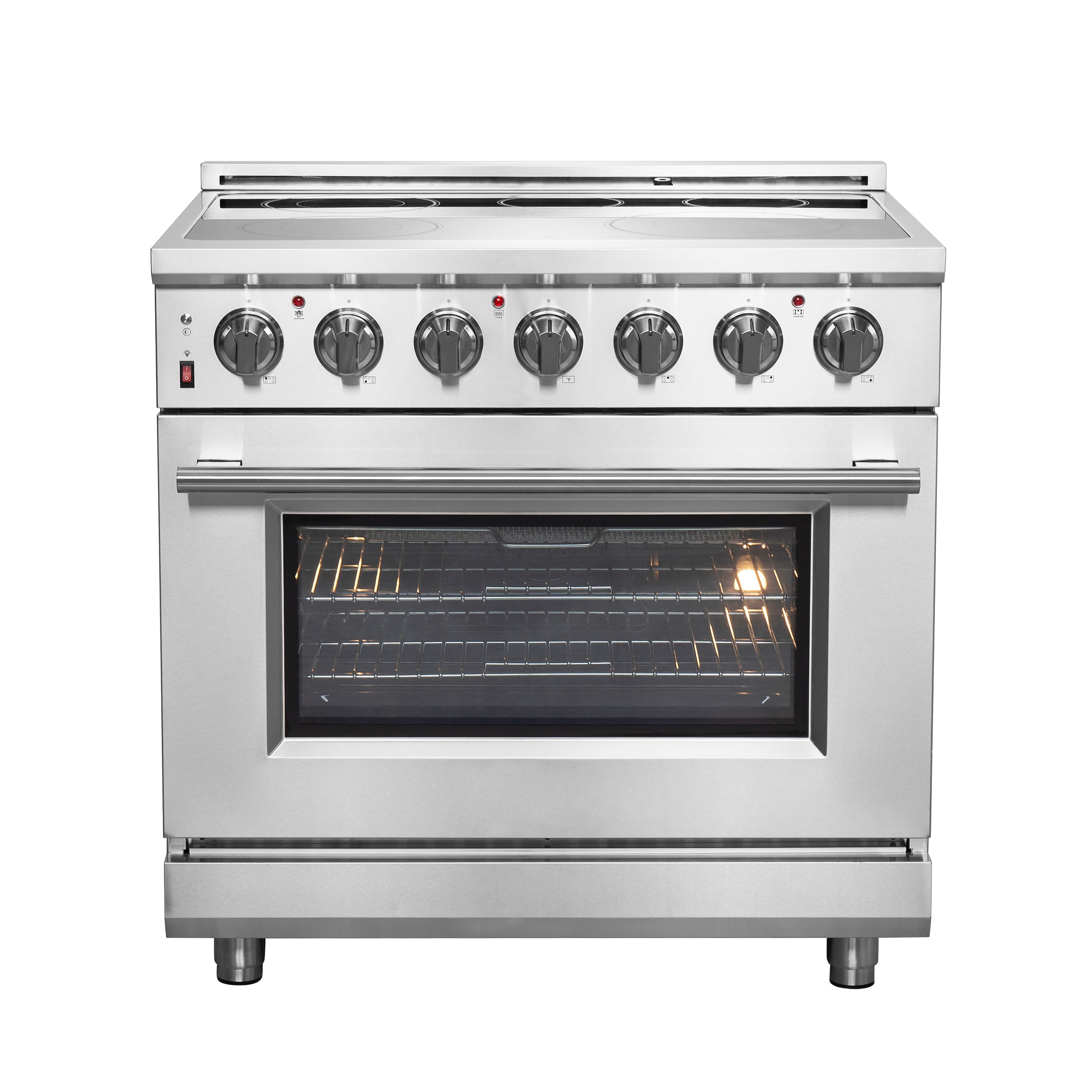 Estufa eléctrica independiente de acero inoxidable con horno de convección de freír al aire FORNO Massimo de 36 pulgadas con 5 quemadores y 5.36 pies cúbicos de capacidad.
