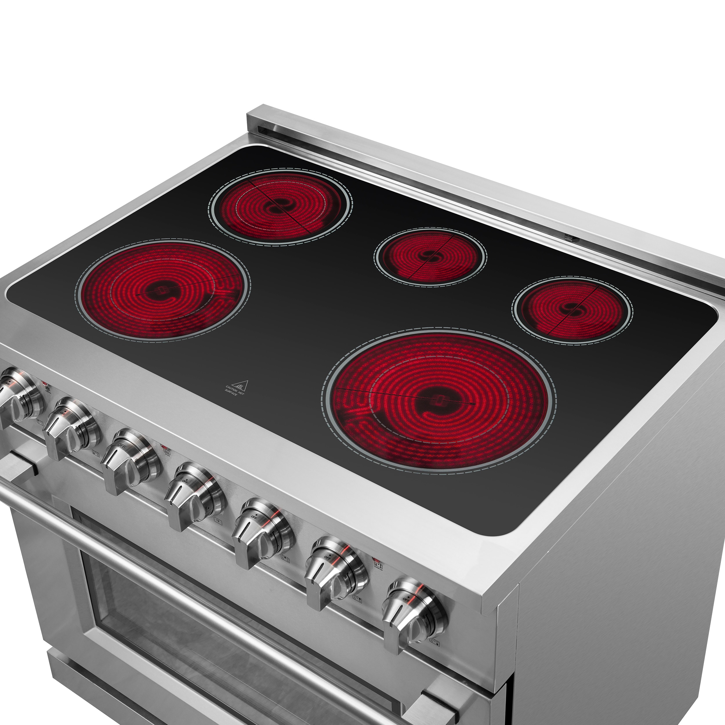 Estufa eléctrica independiente de acero inoxidable con horno de convección de freír al aire FORNO Massimo de 36 pulgadas con 5 quemadores y 5.36 pies cúbicos de capacidad.