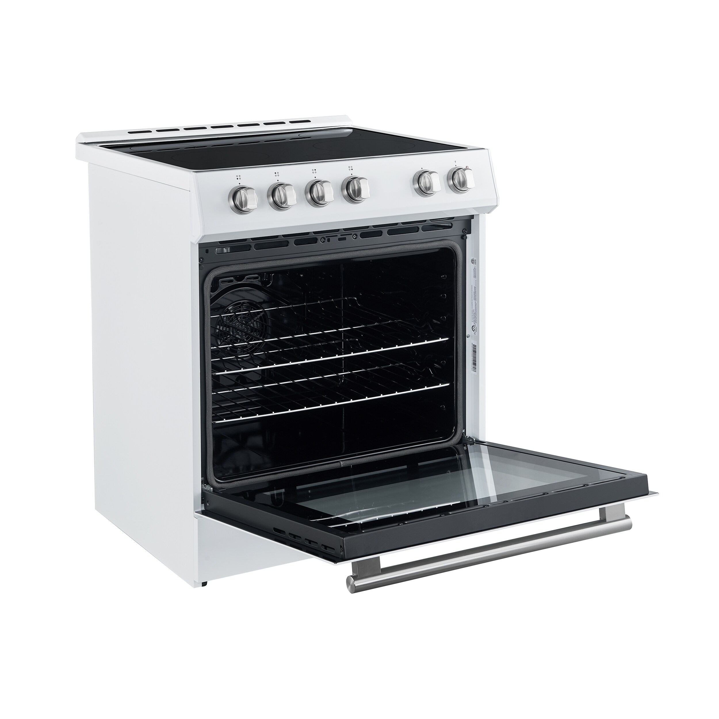 Estufa eléctrica deslizable con horno de convección de 5 pies cúbicos y 4 quemadores en la parte superior de cristal de 30 pulgadas de color blanco.