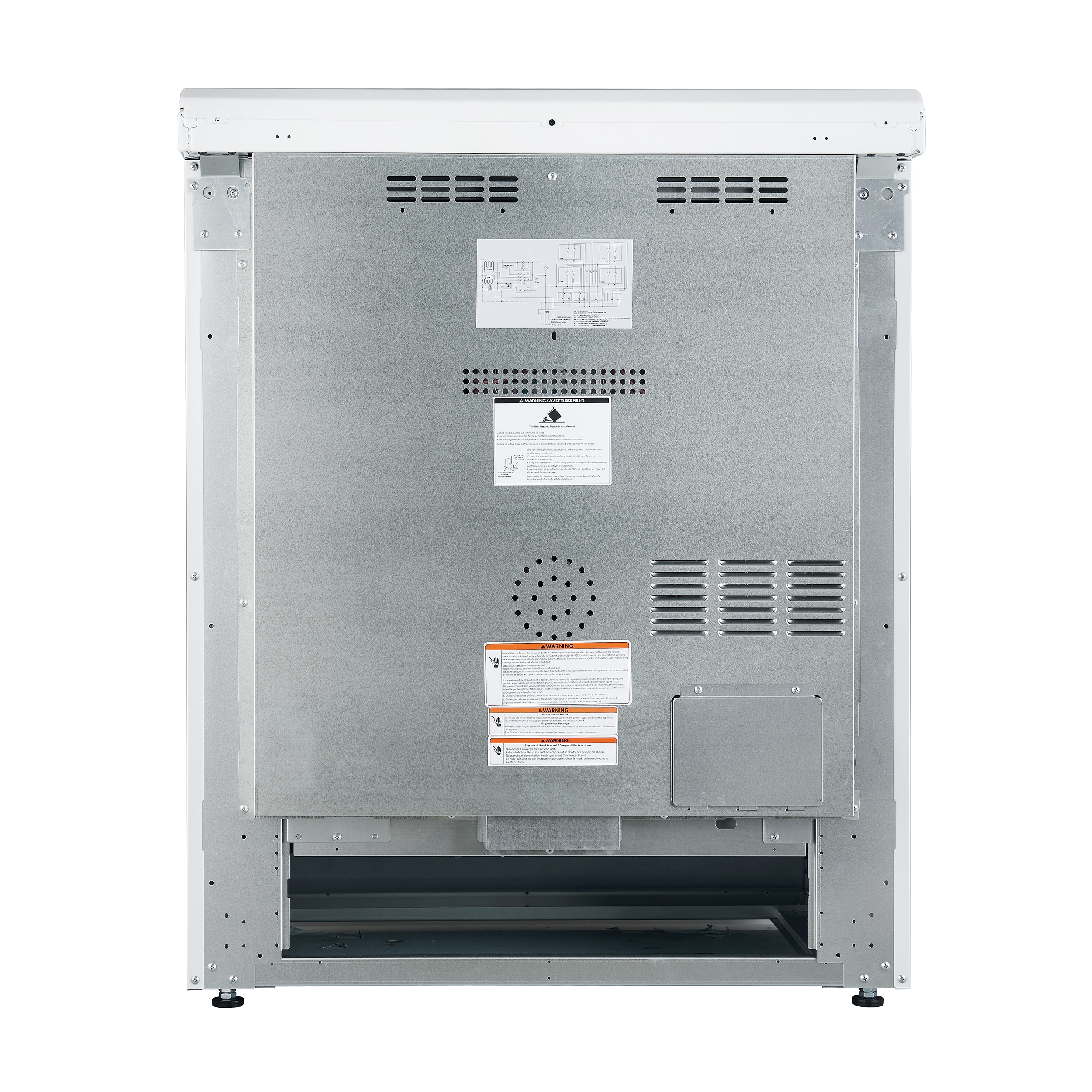 Estufa eléctrica deslizable con horno de convección de 5 pies cúbicos y 4 quemadores en la parte superior de cristal de 30 pulgadas de color blanco.
