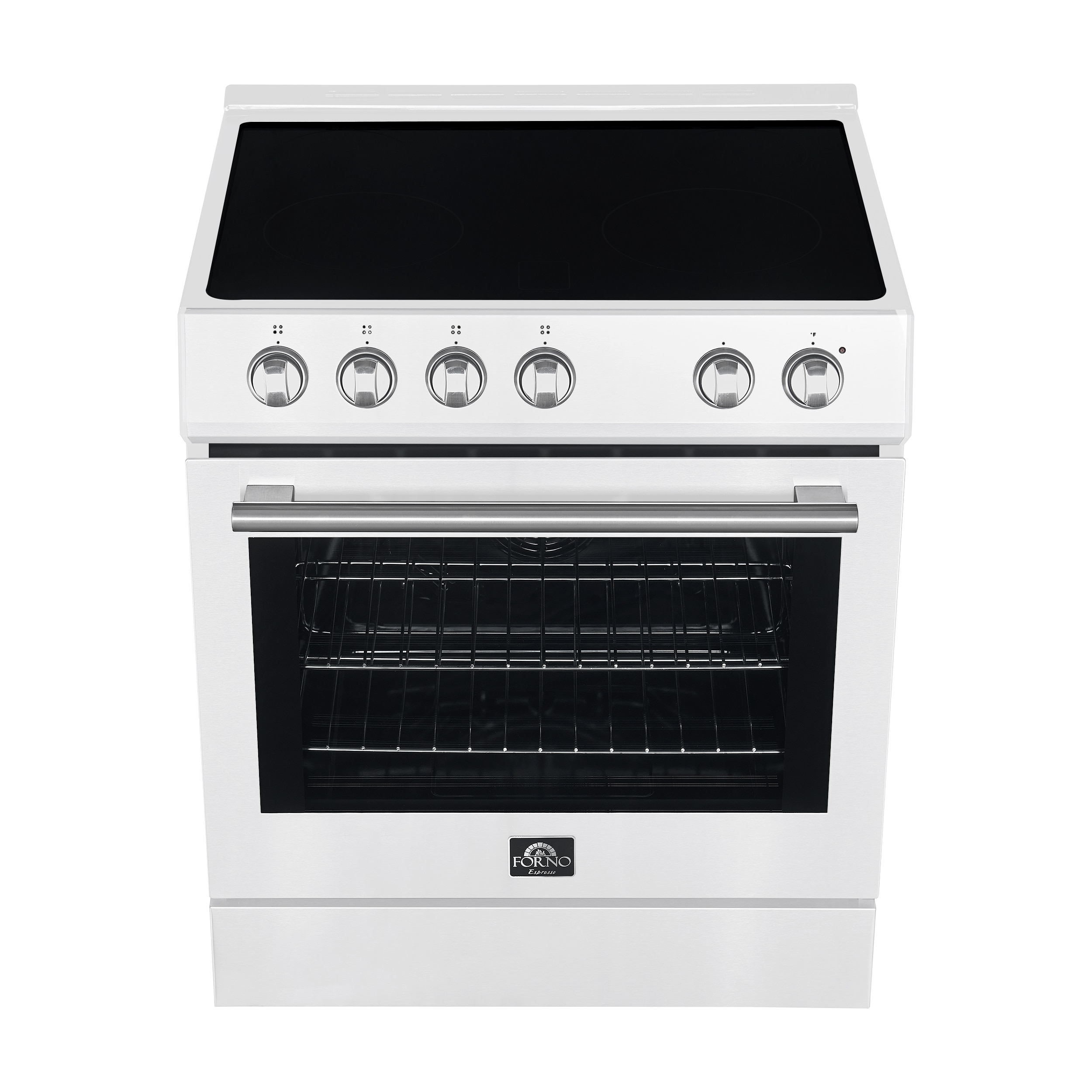 Estufa eléctrica deslizable con horno de convección de 5 pies cúbicos y 4 quemadores en la parte superior de cristal de 30 pulgadas de color blanco.