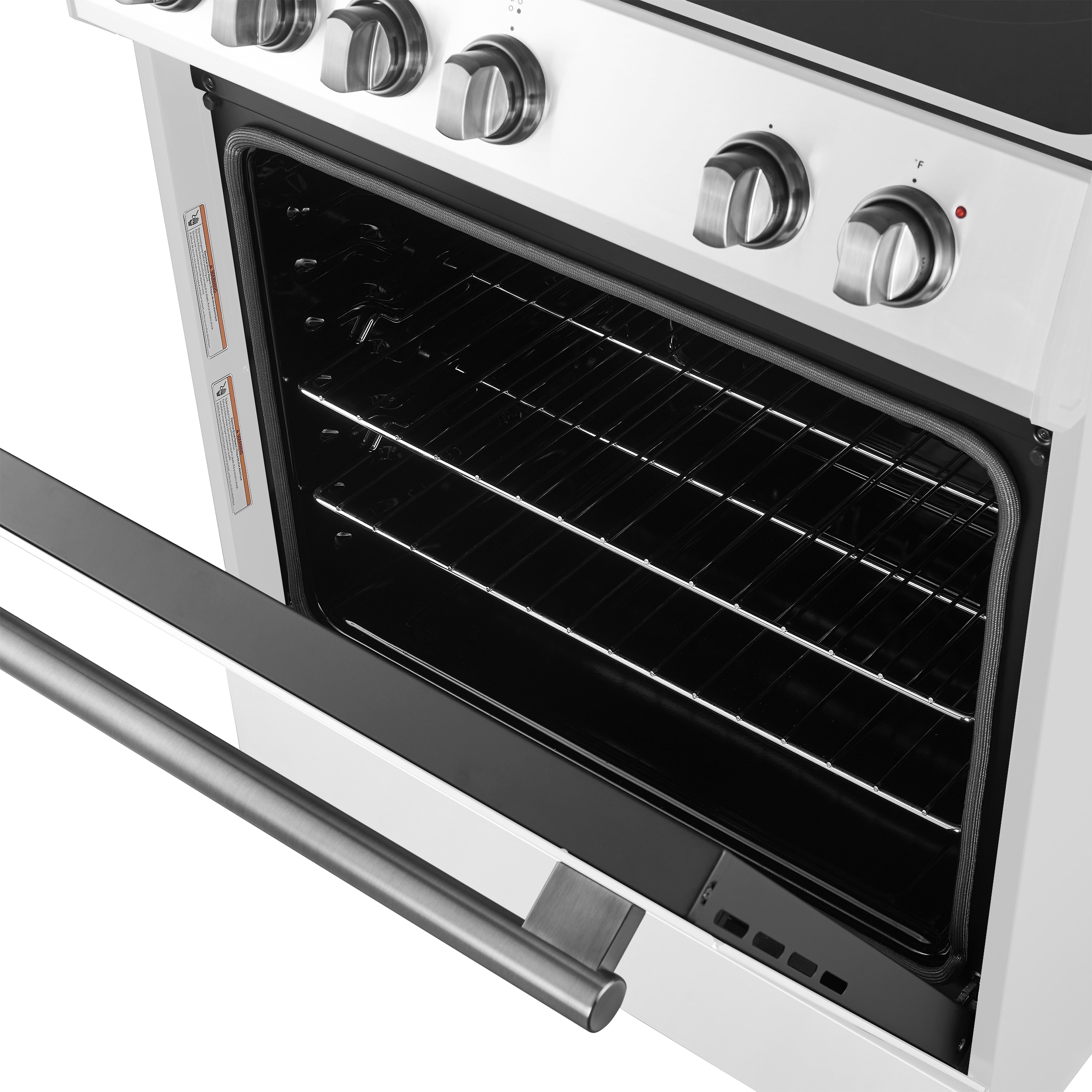 Estufa eléctrica deslizable con horno de convección de 5 pies cúbicos y 4 quemadores en la parte superior de cristal de 30 pulgadas de color blanco.