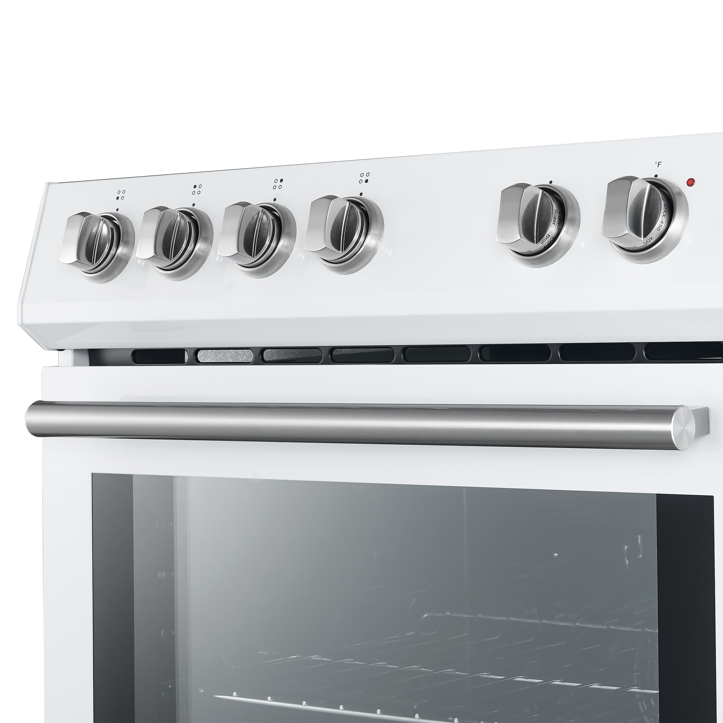 Estufa eléctrica deslizable con horno de convección de 5 pies cúbicos y 4 quemadores en la parte superior de cristal de 30 pulgadas de color blanco.
