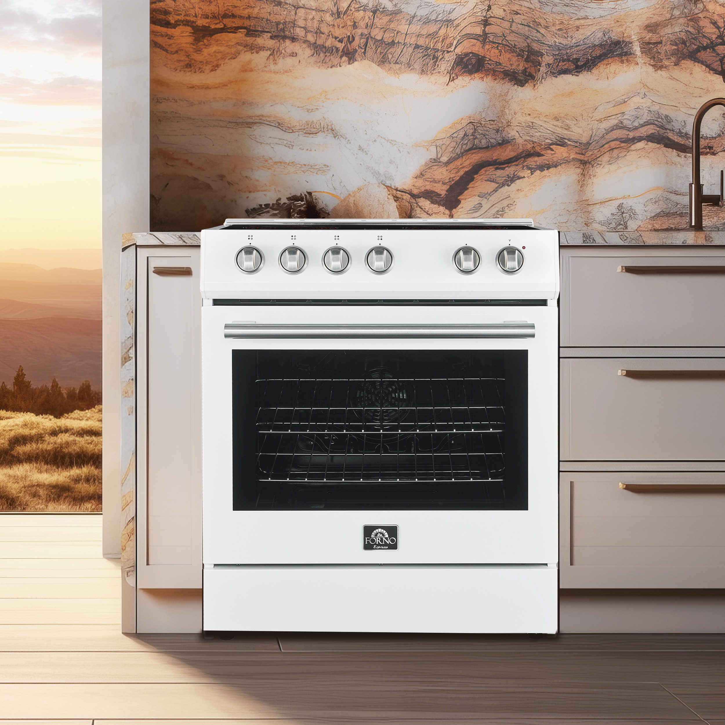 Estufa eléctrica deslizable con horno de convección de 5 pies cúbicos y 4 quemadores en la parte superior de cristal de 30 pulgadas de color blanco.
