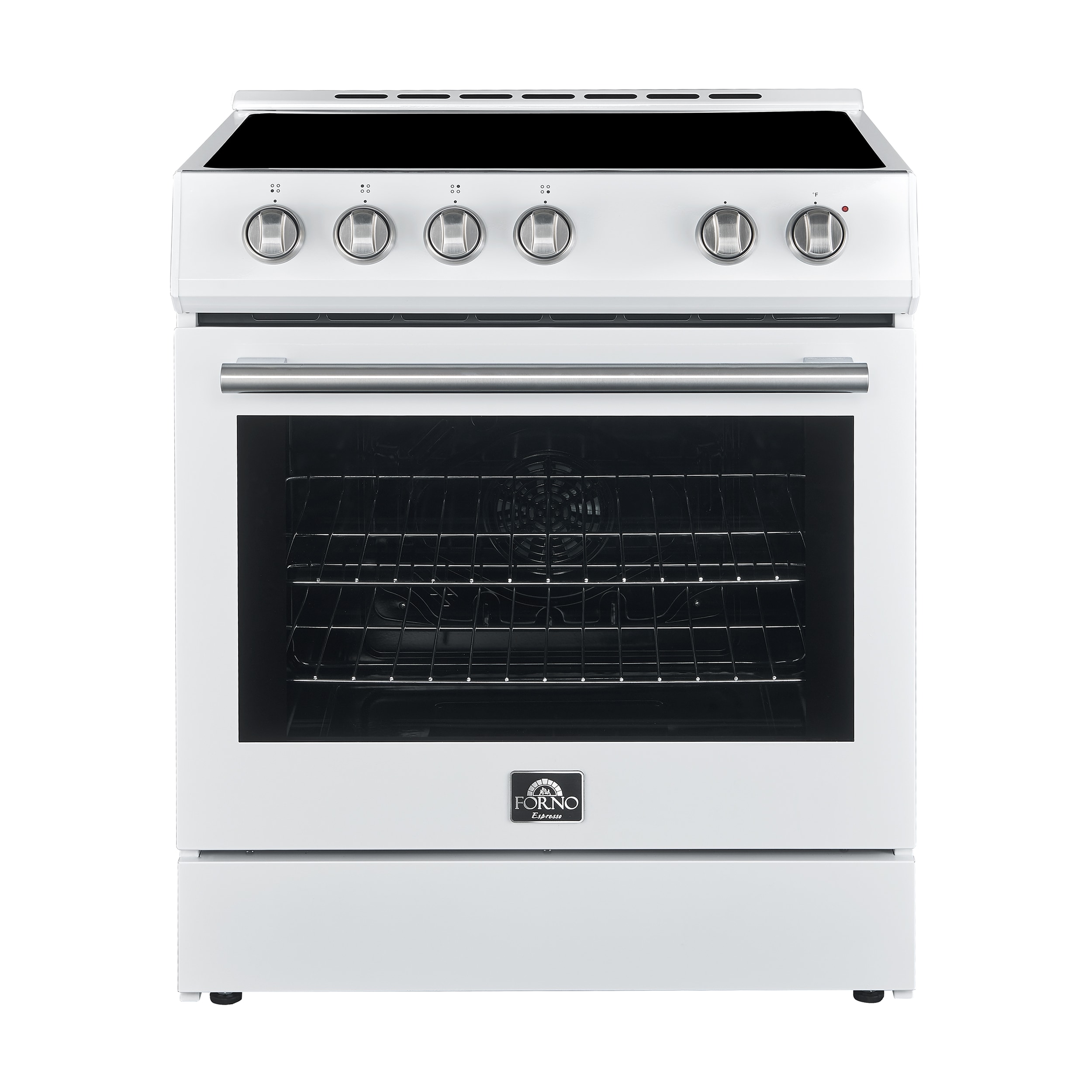 Estufa eléctrica deslizable con horno de convección de 5 pies cúbicos y 4 quemadores en la parte superior de cristal de 30 pulgadas de color blanco.