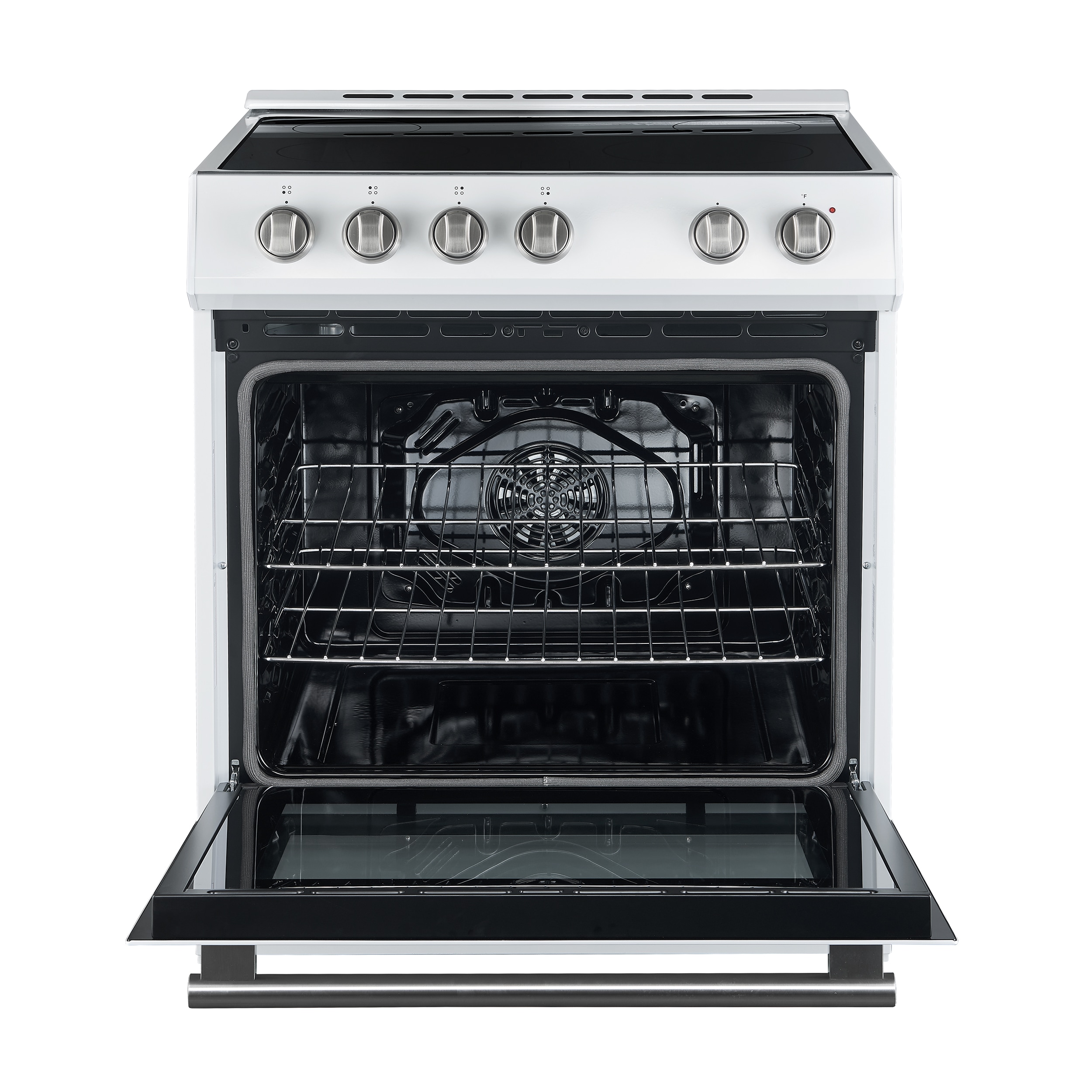 Estufa eléctrica deslizable con horno de convección de 5 pies cúbicos y 4 quemadores en la parte superior de cristal de 30 pulgadas de color blanco.